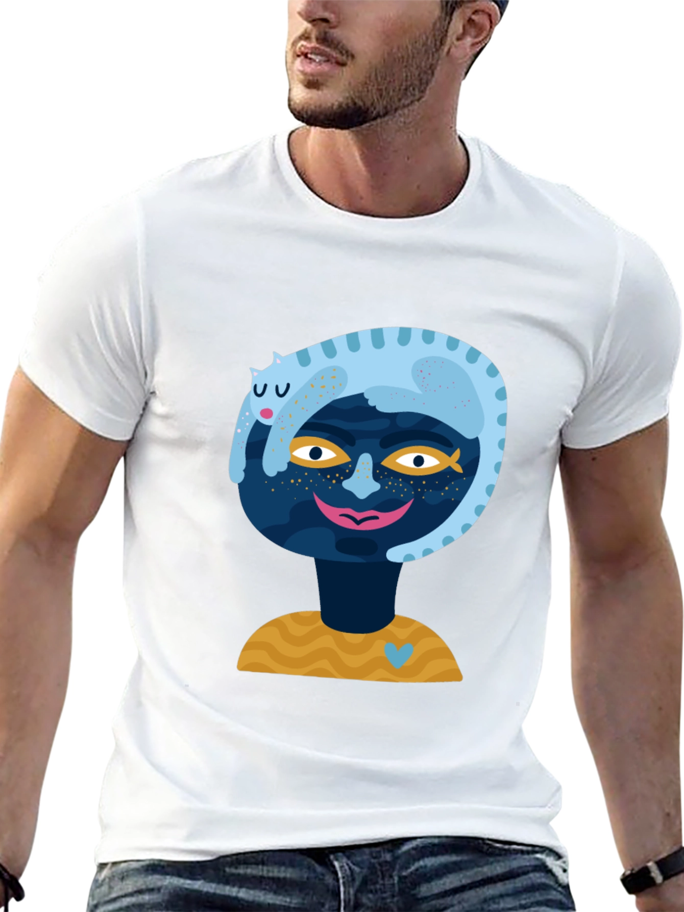 Abstract Cat & Face Graphic Tee - Black