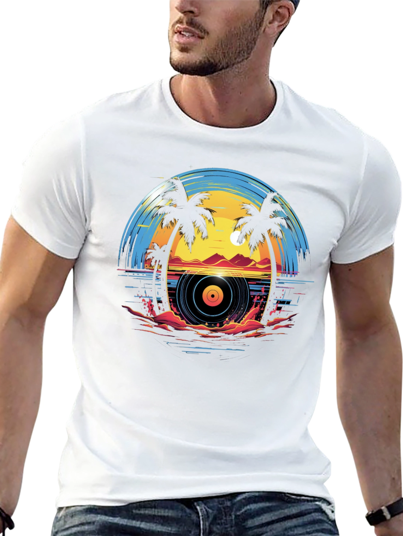 Sunset Vinyl Record Beach Graphic T-Shirt