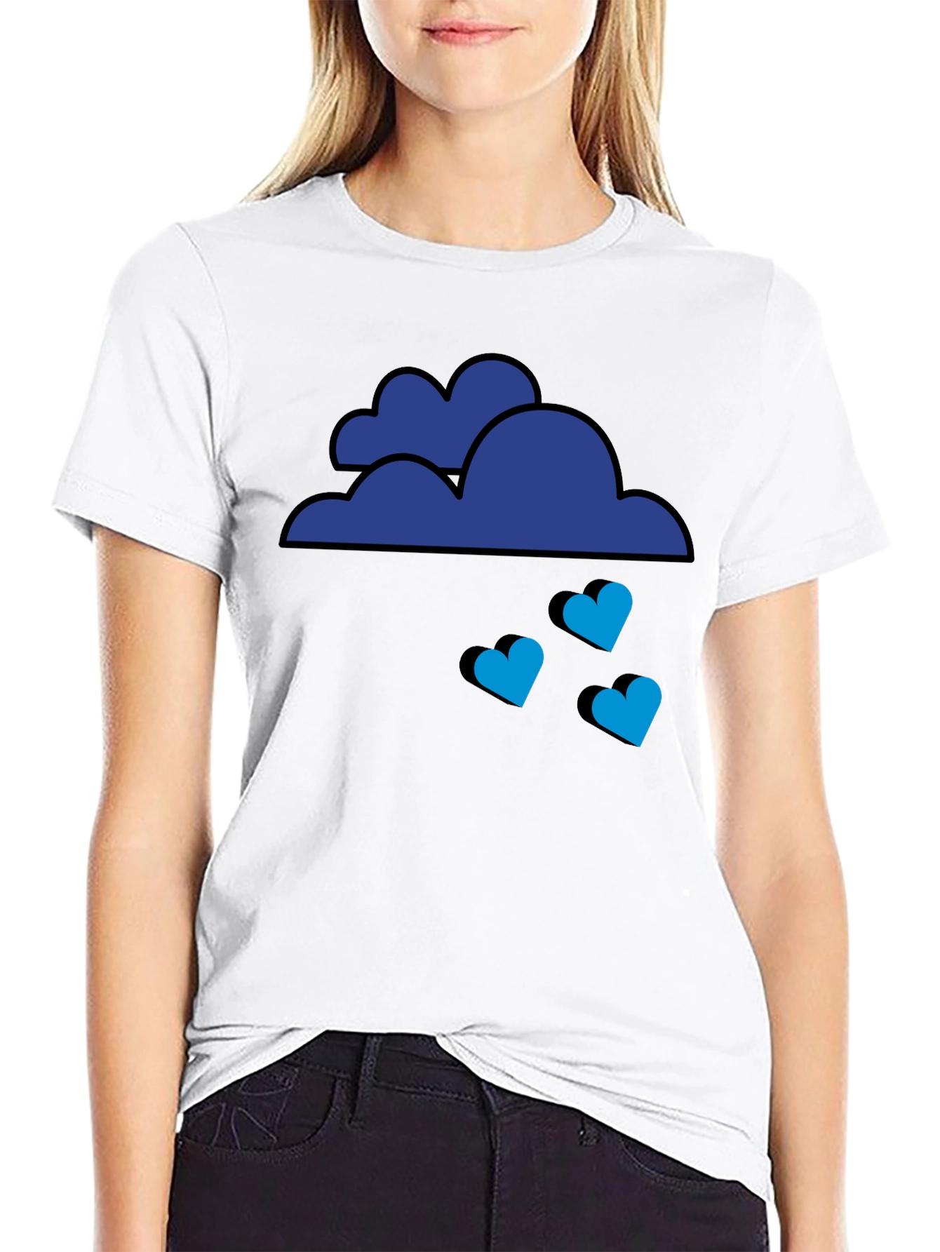 Blue Cloud Heart Rain Graphic Tee - Black