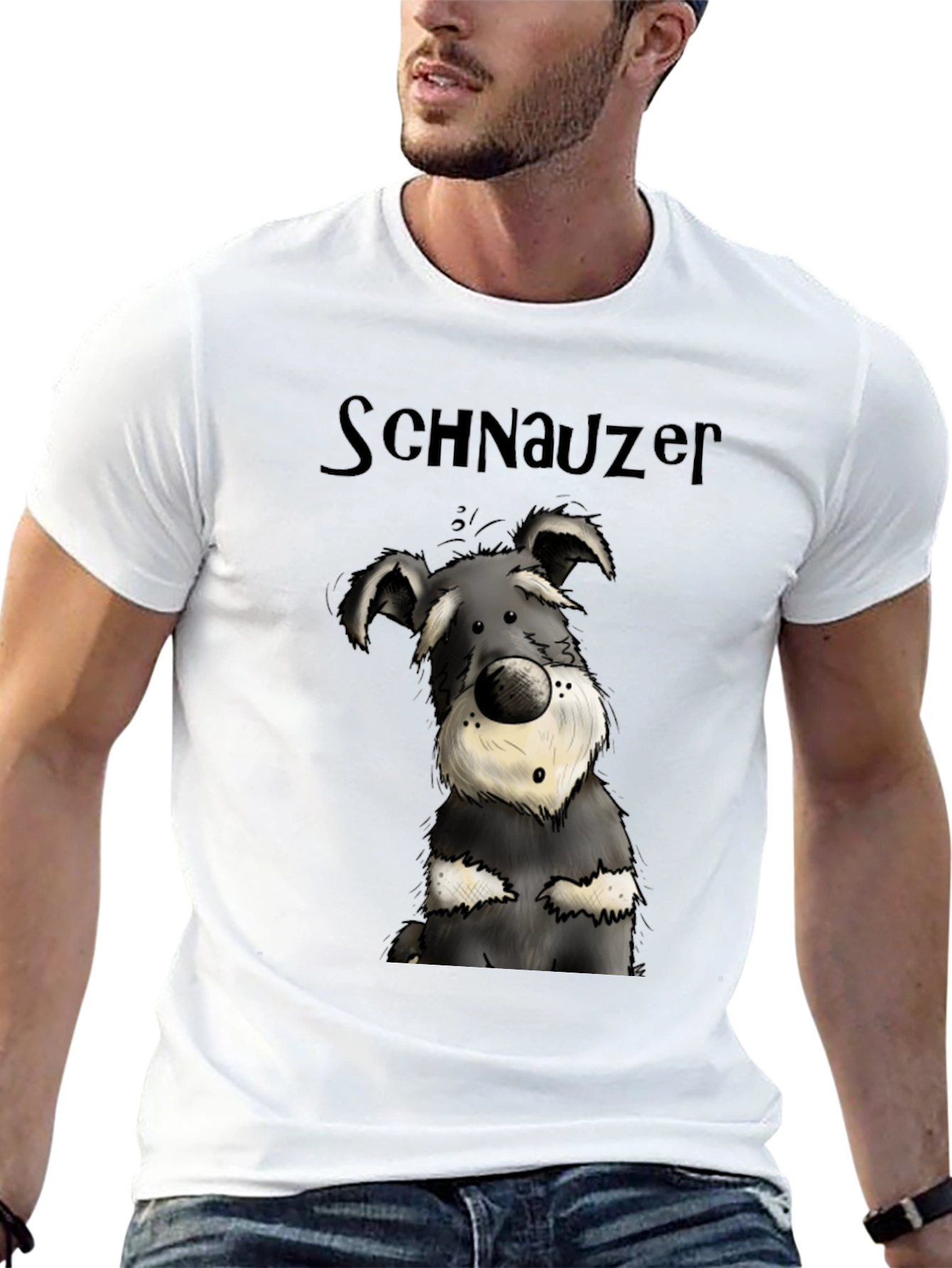 Schnauzer Cartoon Dog Graphic Tee - Black Cotton T-Shirt