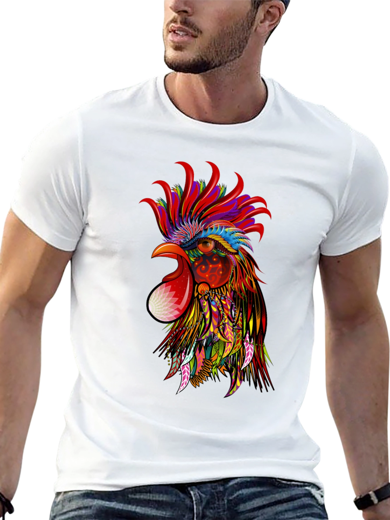 Vibrant Rooster Graphic Black T-Shirt