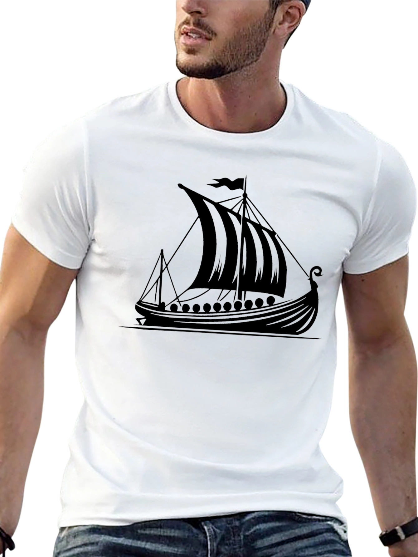 Viking Ship Graphic Tee - Black Cotton T-Shirt