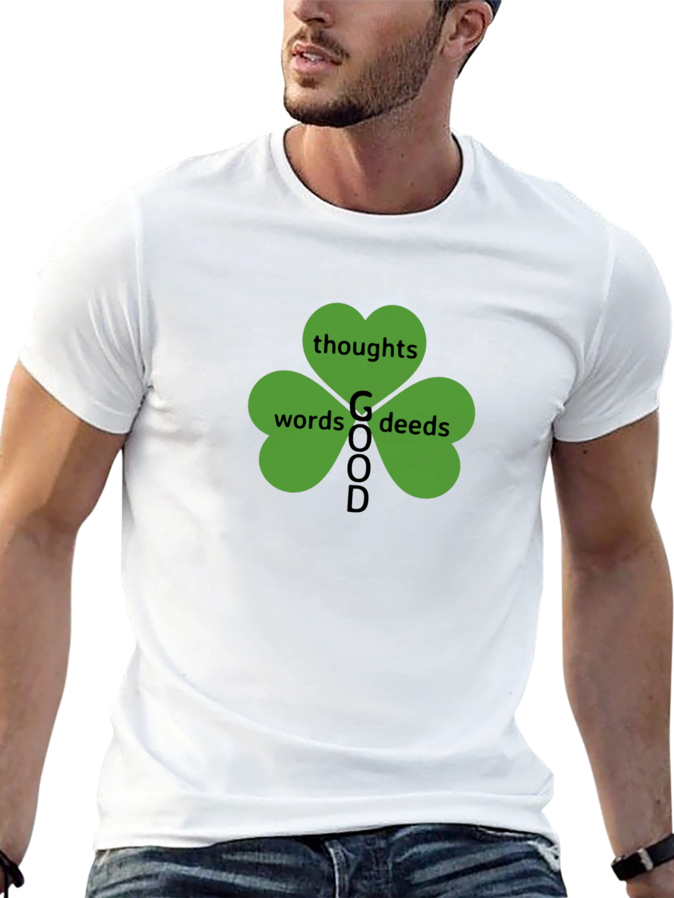 Good Thoughts Words Deeds Clover Black T-Shirt