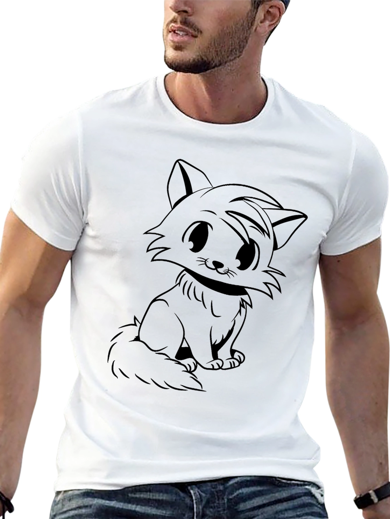 Cute Cartoon Cat Graphic Black T-Shirt