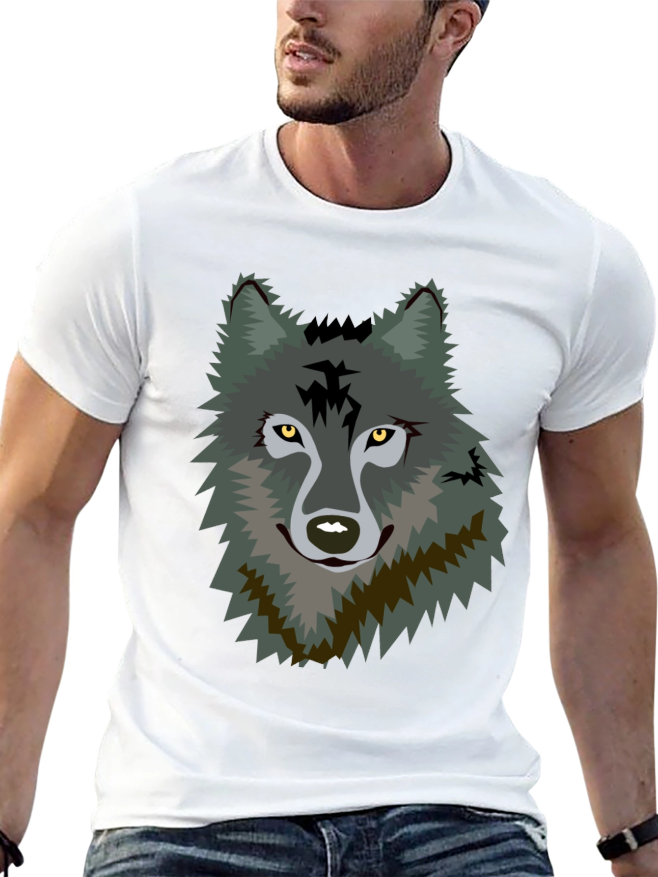 Mens Black T-Shirt with Wolf Graphic