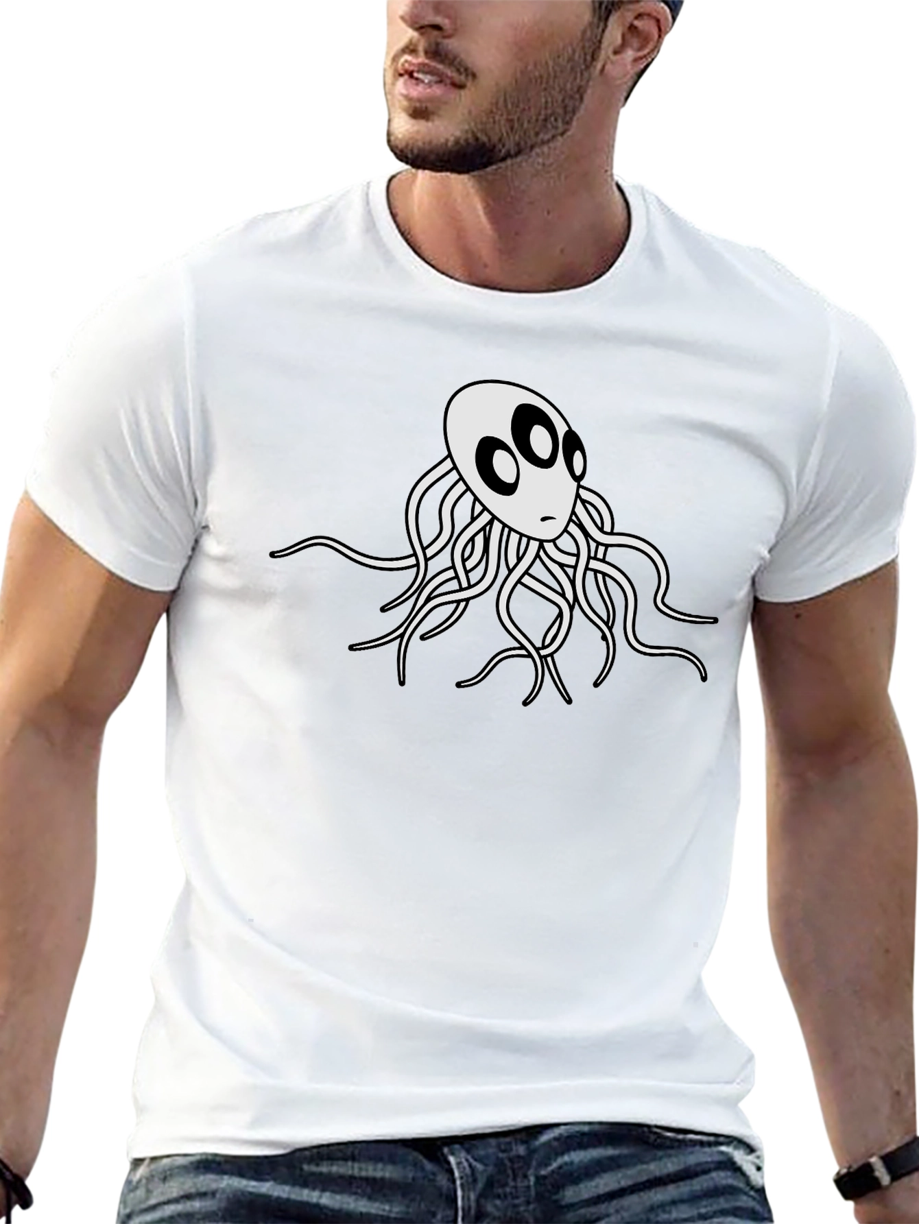 Mens Black T-Shirt with White Octopus Graphic
