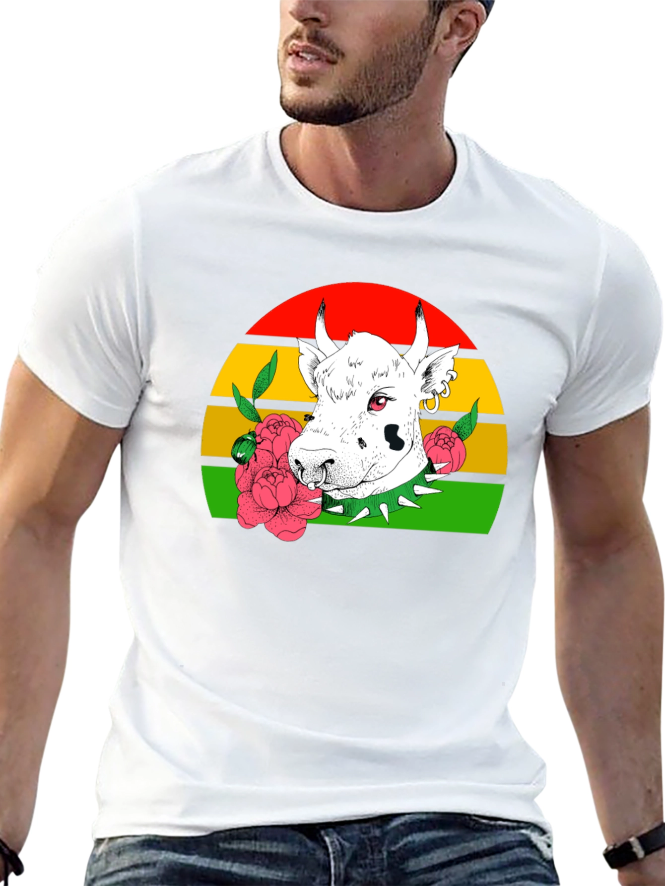 Cow Punk T-Shirt - Striped Sunset Backdrop