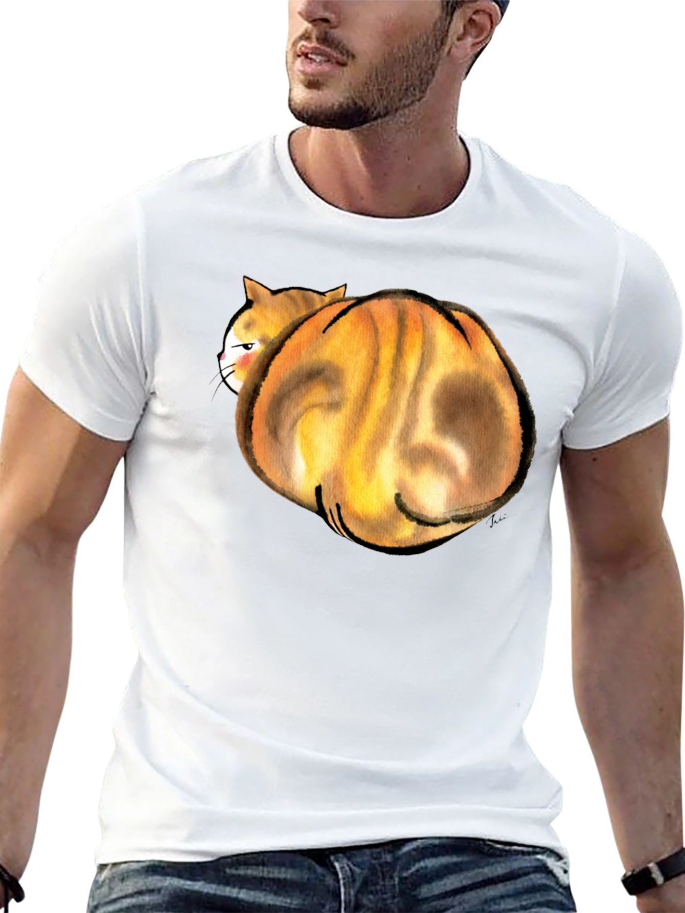 Funny Curled Up Cat Graphic T-Shirt