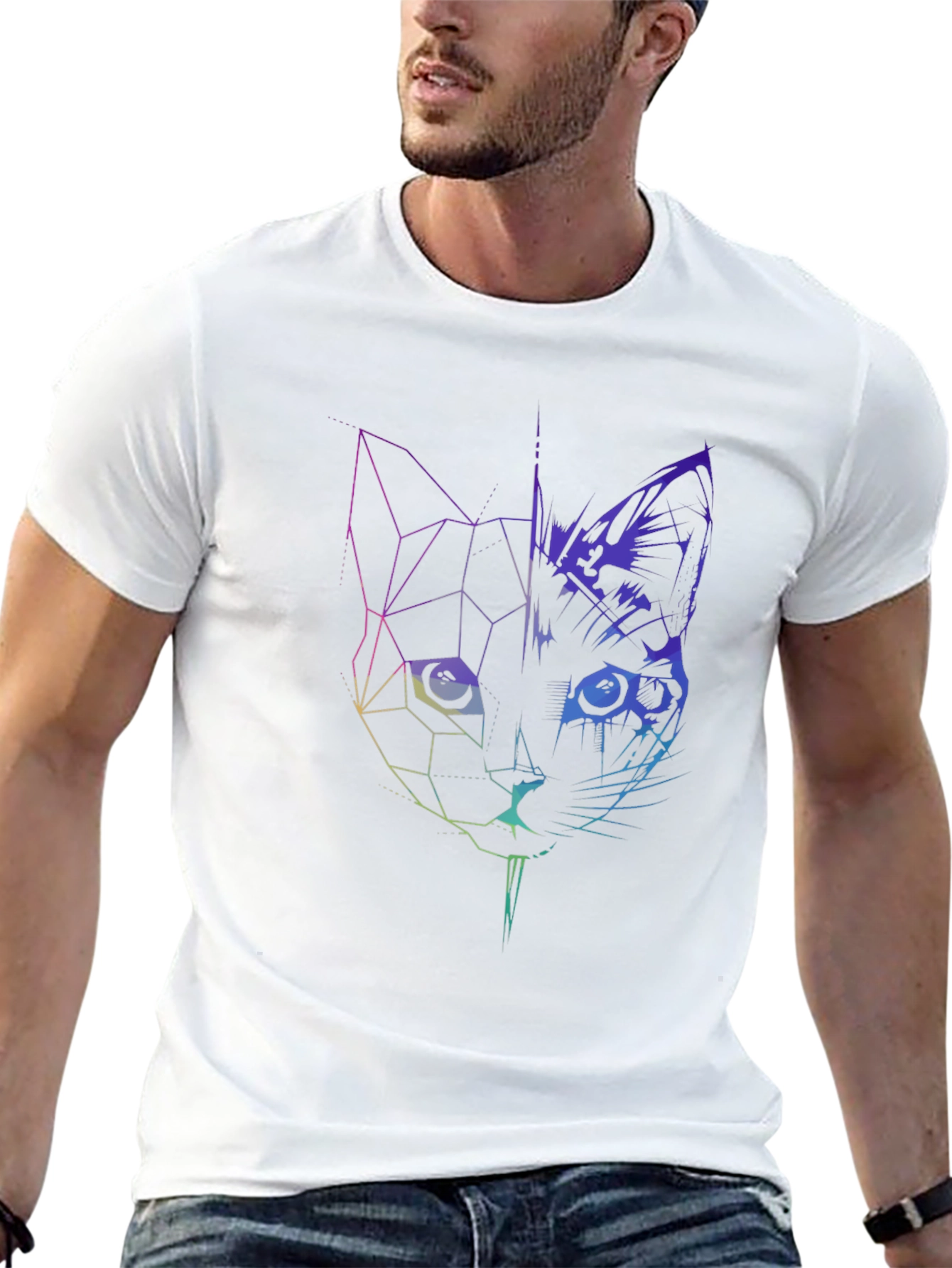 Geometric Cat Graphic Tee - Modern Abstract Design