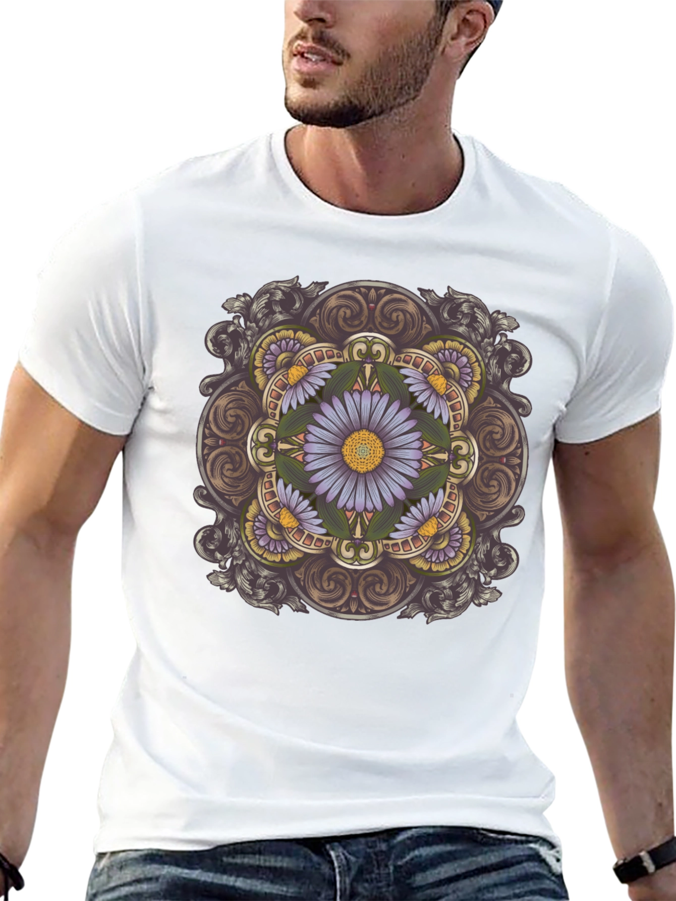 Floral Mandala Print Black T-Shirt