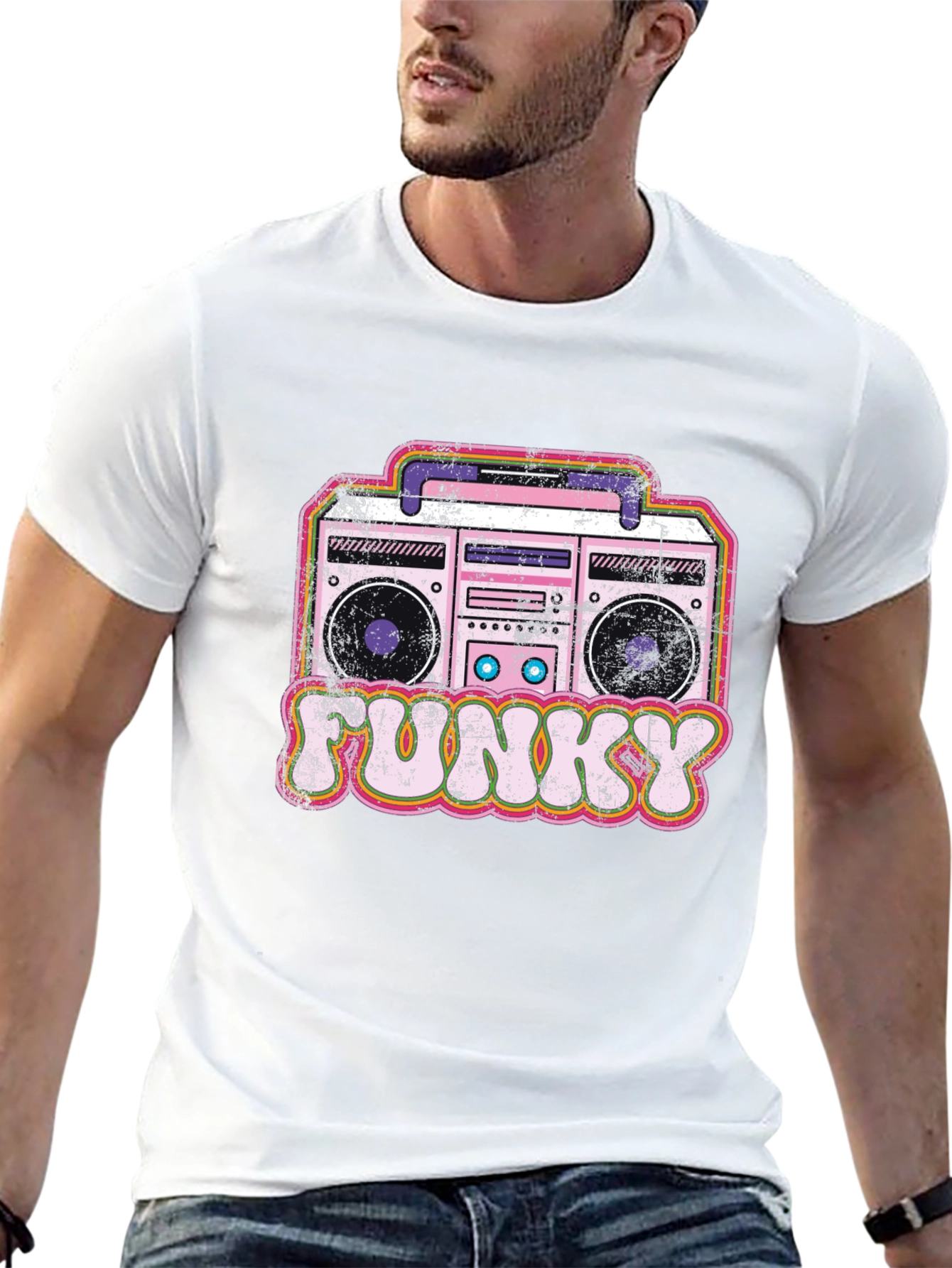 Funky Retro Boombox Graphic Tee - Black Cotton Blend