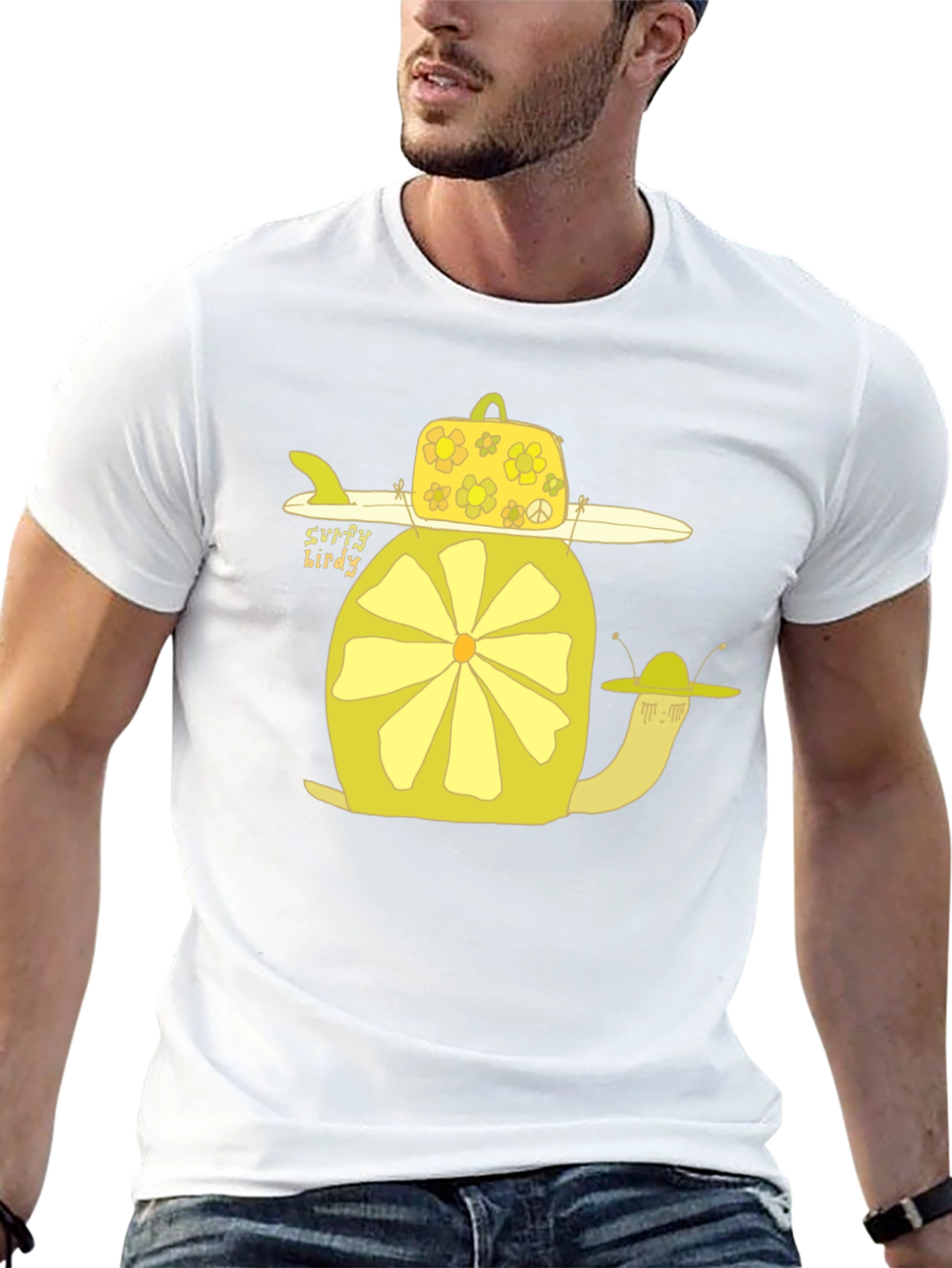 Surfy Birdy T-Shirt - Funky Yellow Snail Design