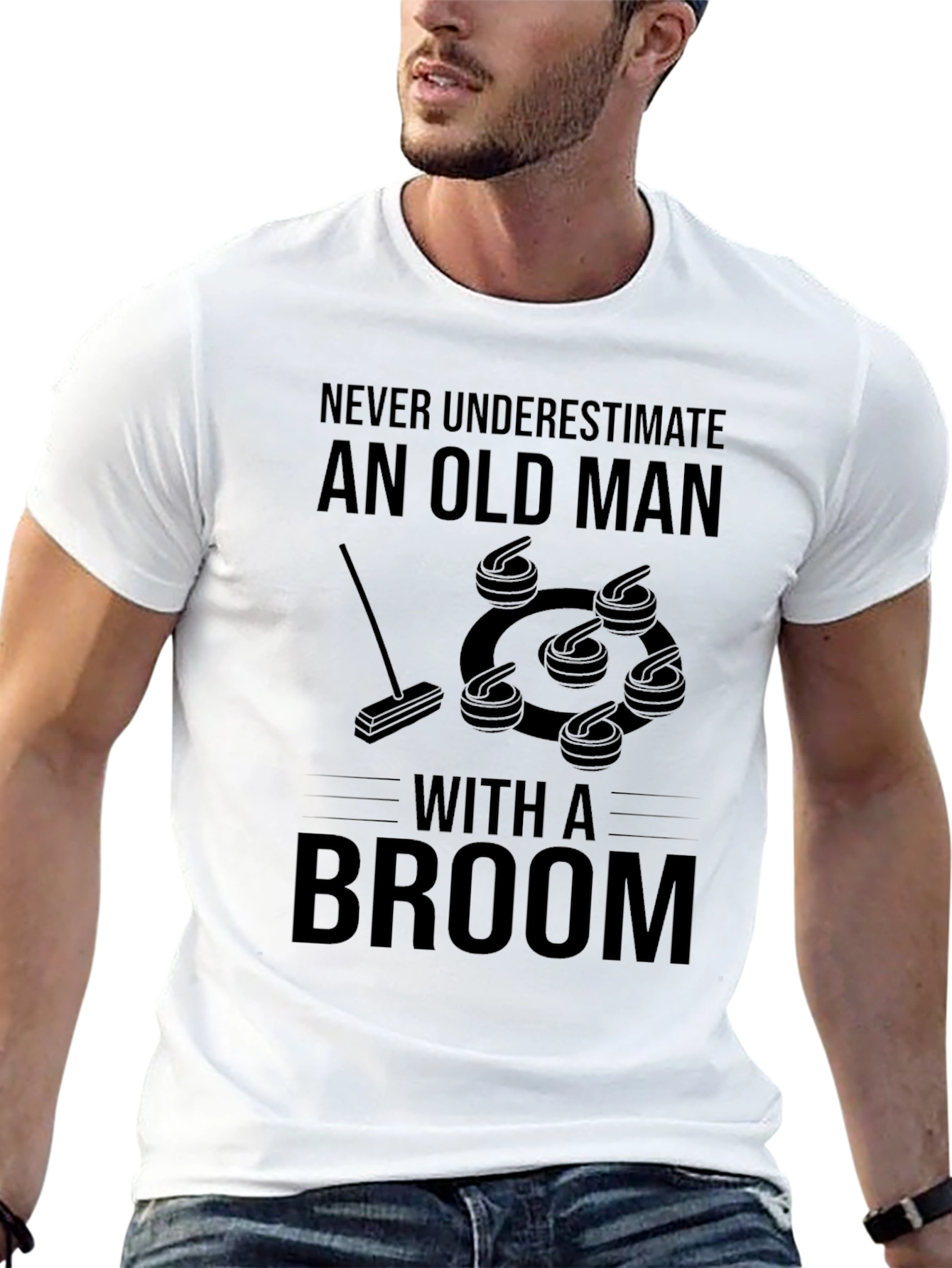 Never Underestimate Old Man with Broom Graphic Tee