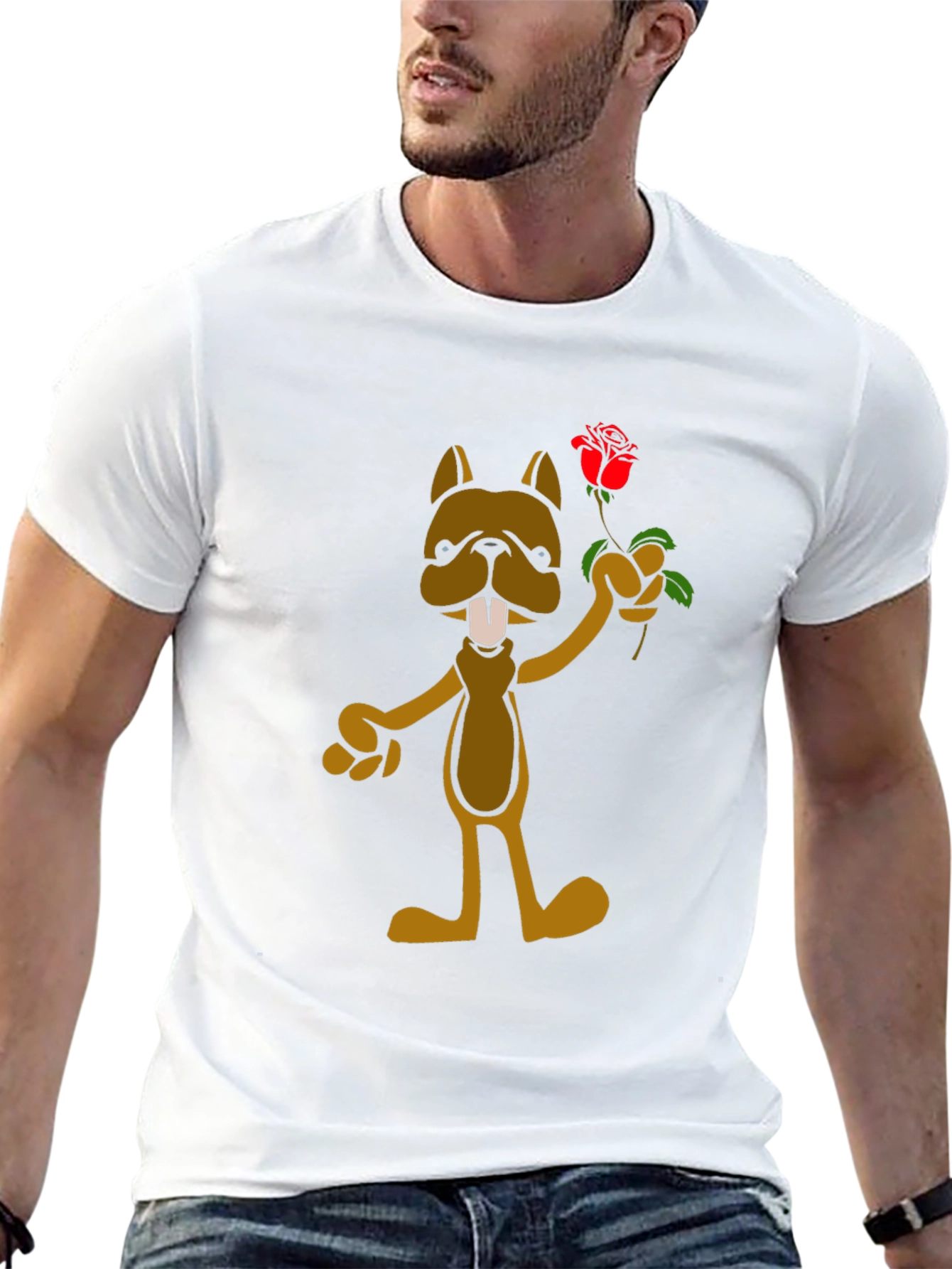 Cartoon Dog with Rose Graphic T-Shirt - Black