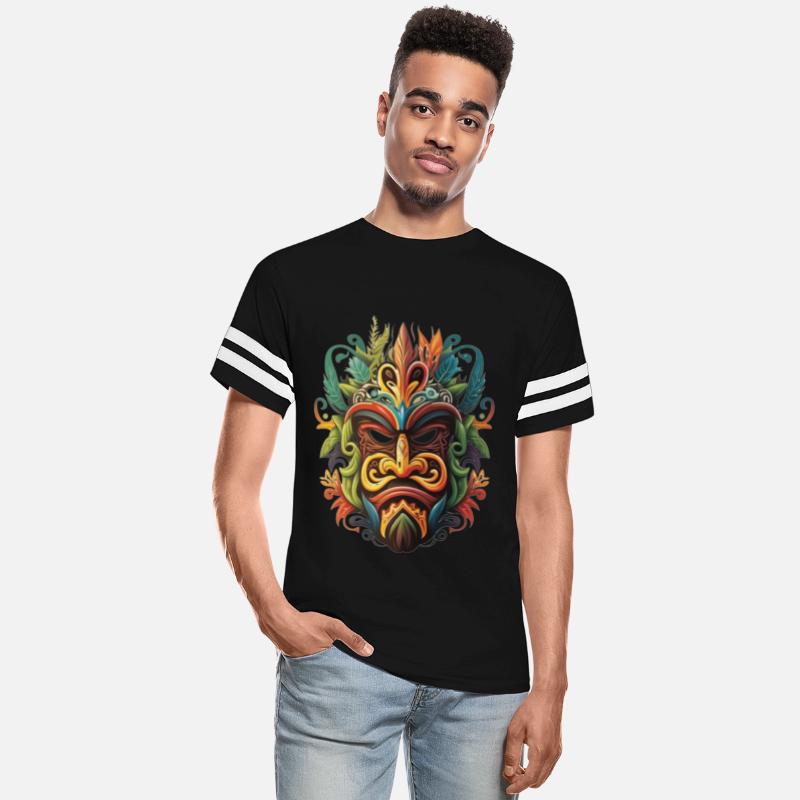 Epic T-shirt design of a tiki maori mask, coloful