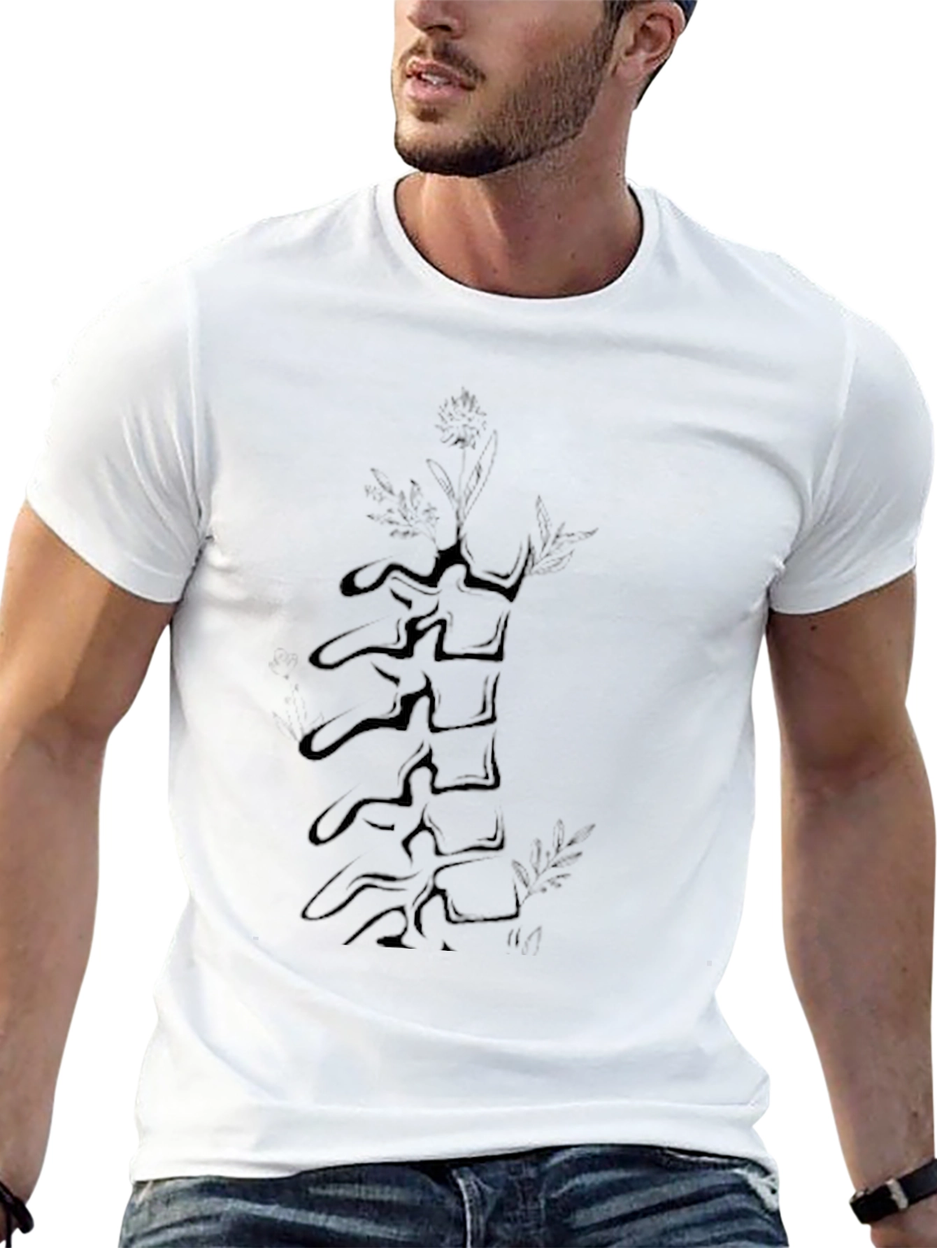 Vertebrae Spine & Flower Graphic Black T-Shirt