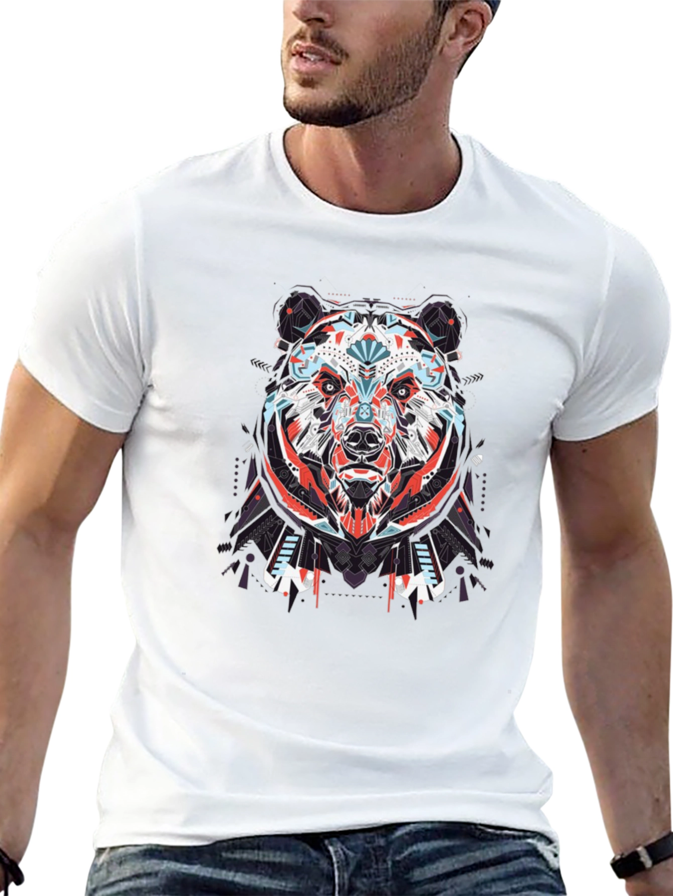 Geometric Bear Graphic Tee - Black Cotton T-Shirt