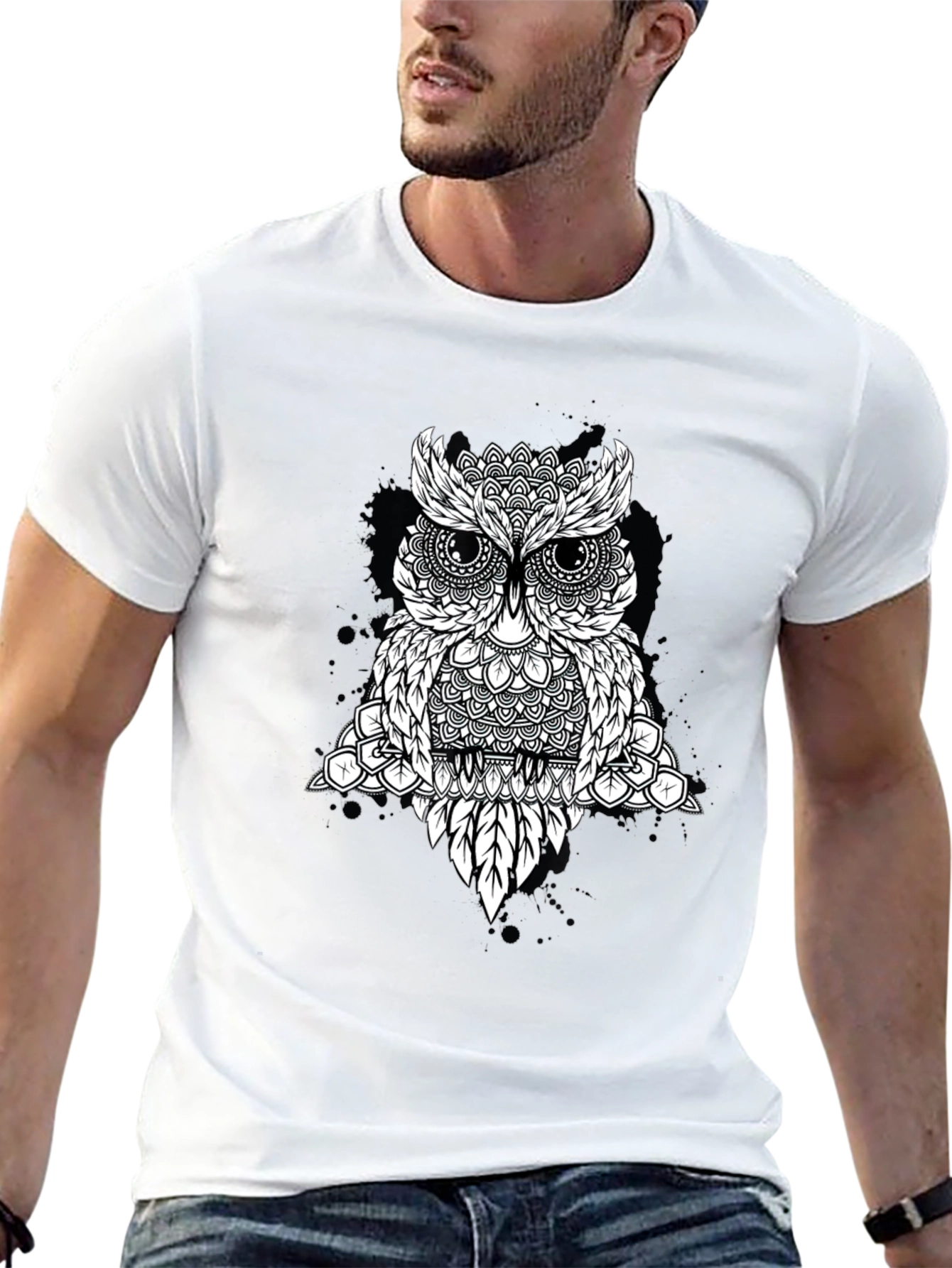 Geometric Owl Graphic Tee - Black