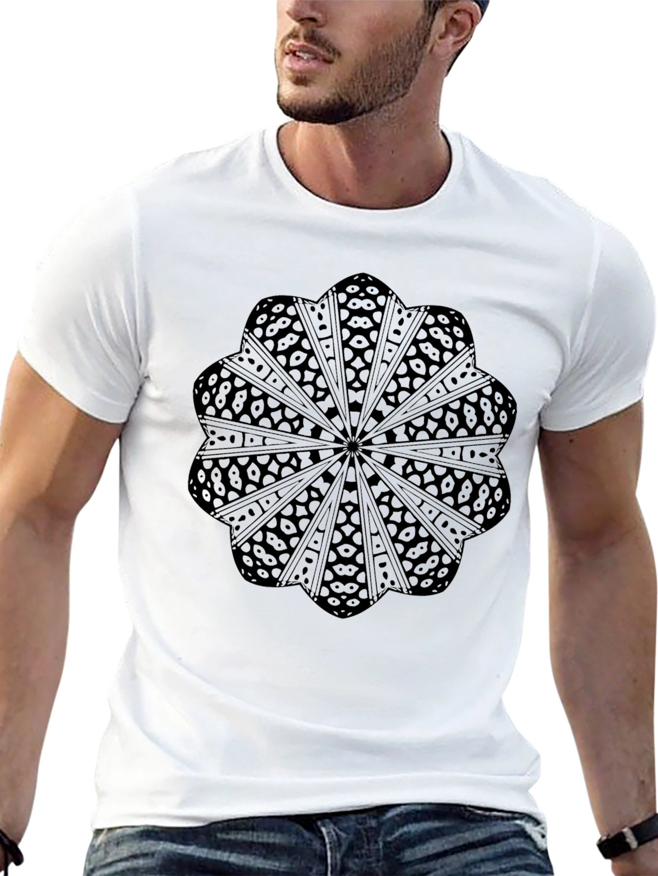Black Graphic Tee: Mandala Style Design