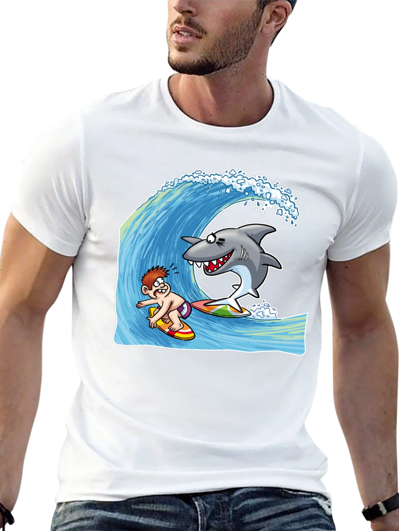 Surfing Shark Cartoon Black T-Shirt