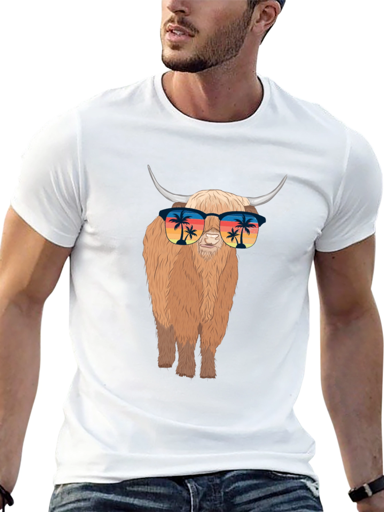 Highland Cow T-Shirt with Sunglasses - Tropical Vibes