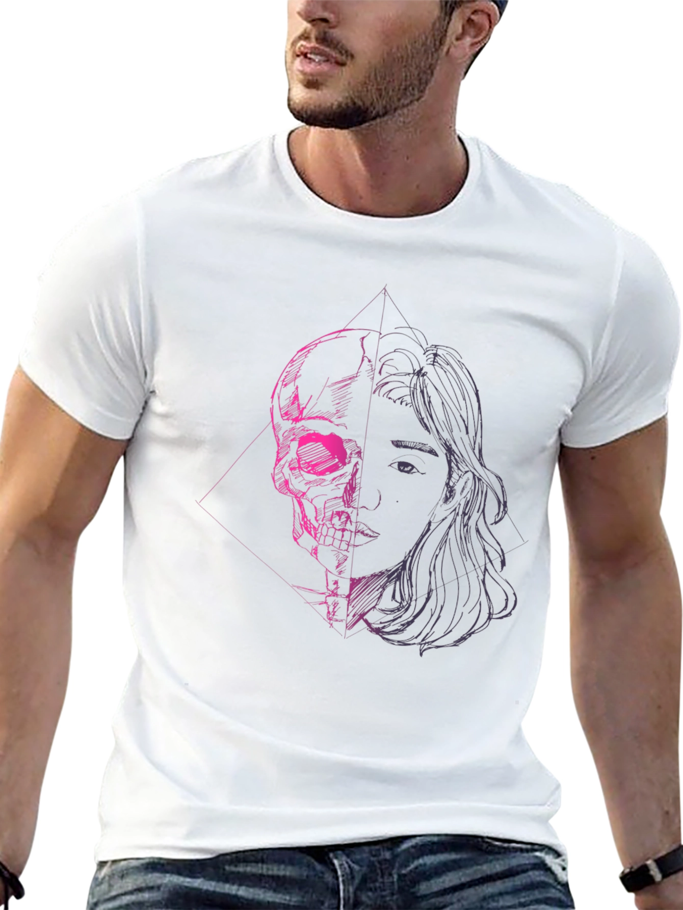 Skull & Portrait Graphic Black T-Shirt