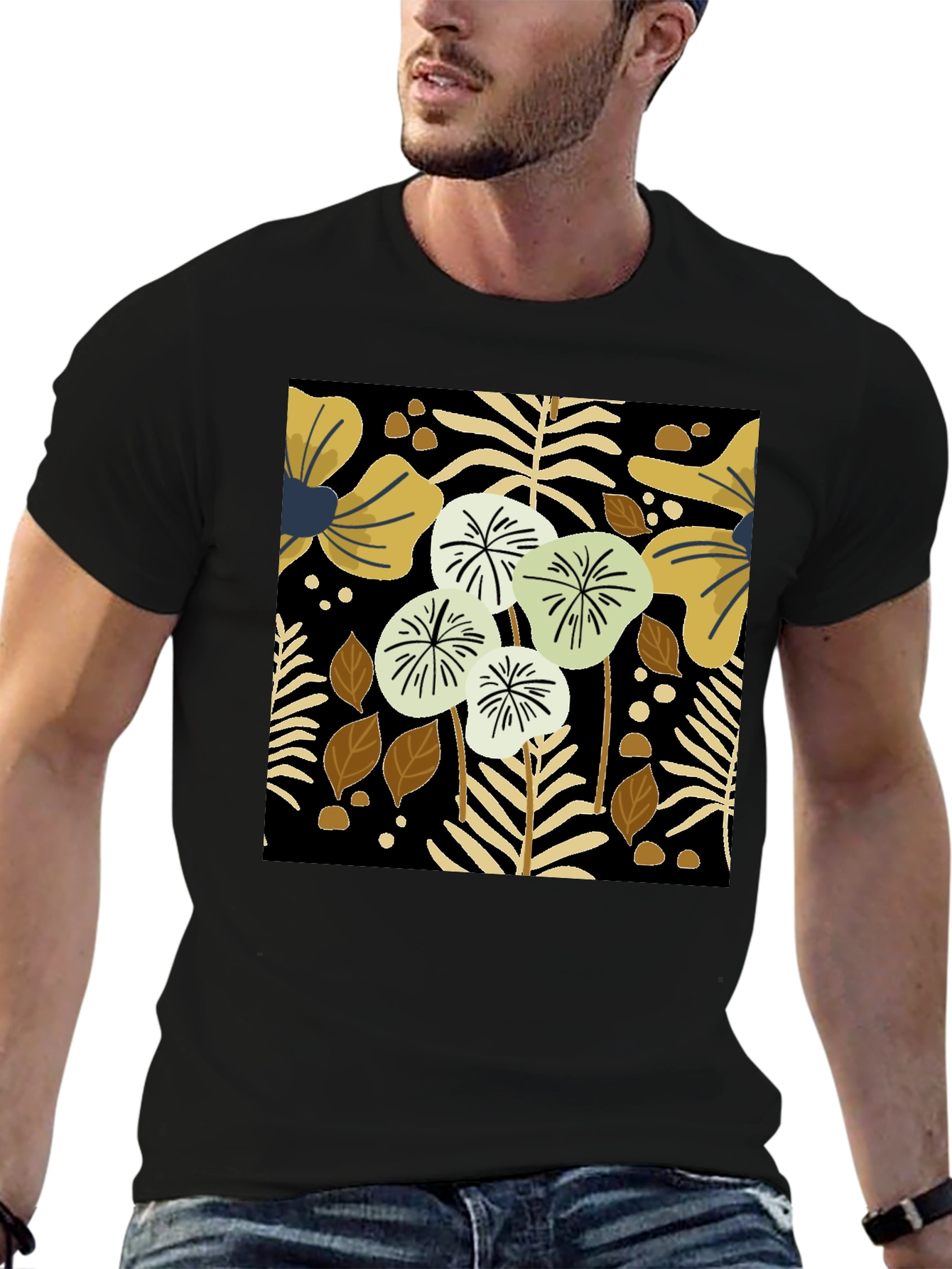 Black Floral Print Mens Tee
