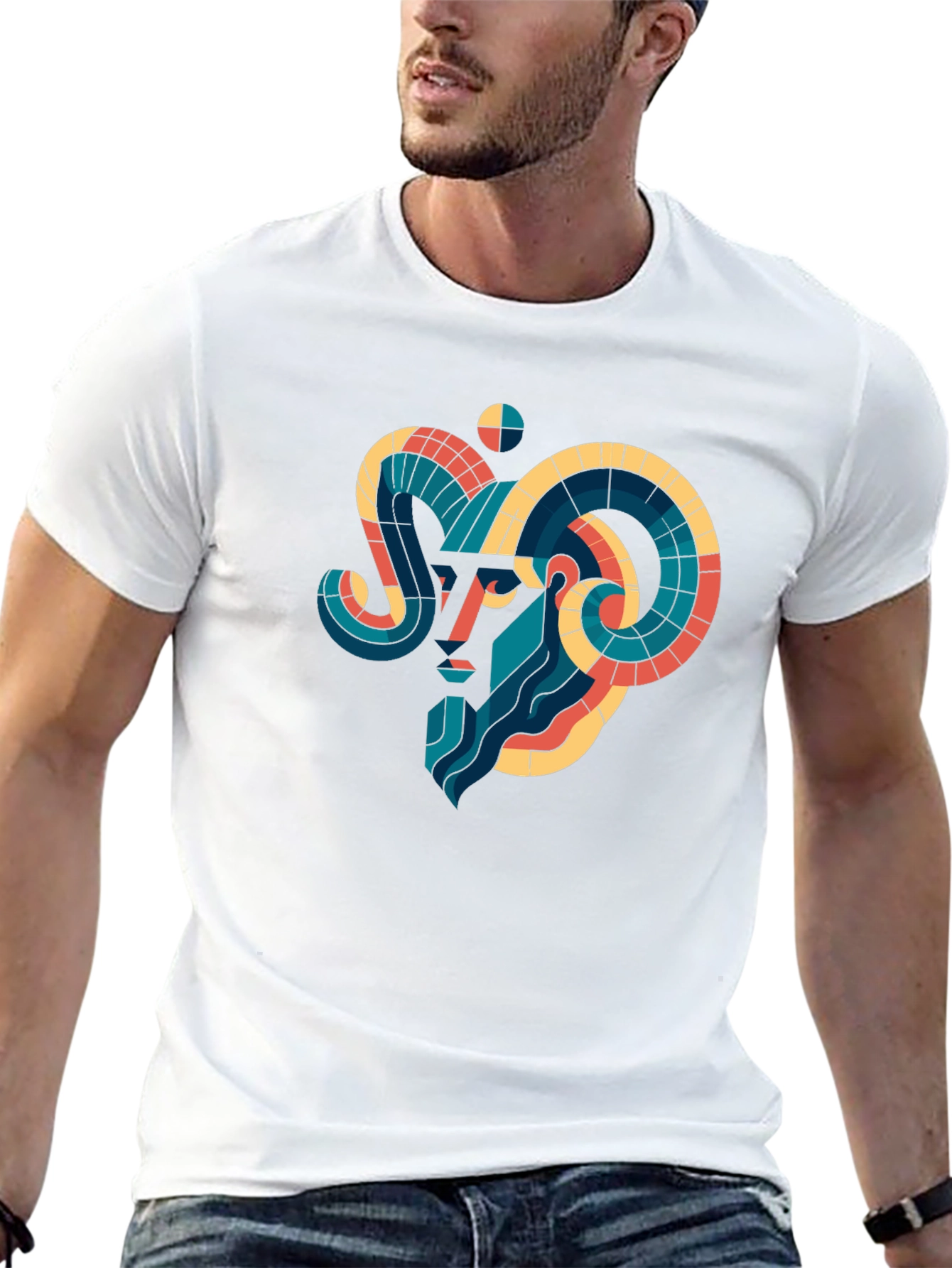 Geometric Aries Ram Graphic Tee - Black