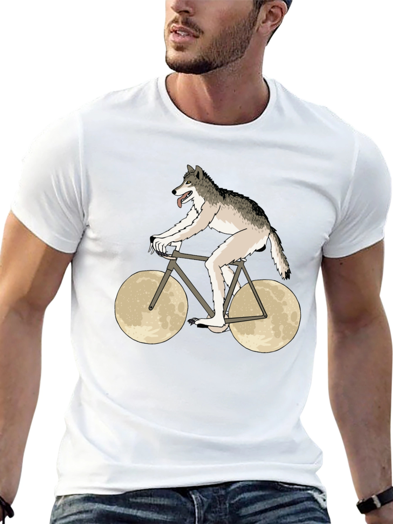 Wolf Riding Moon Bike Graphic T-Shirt