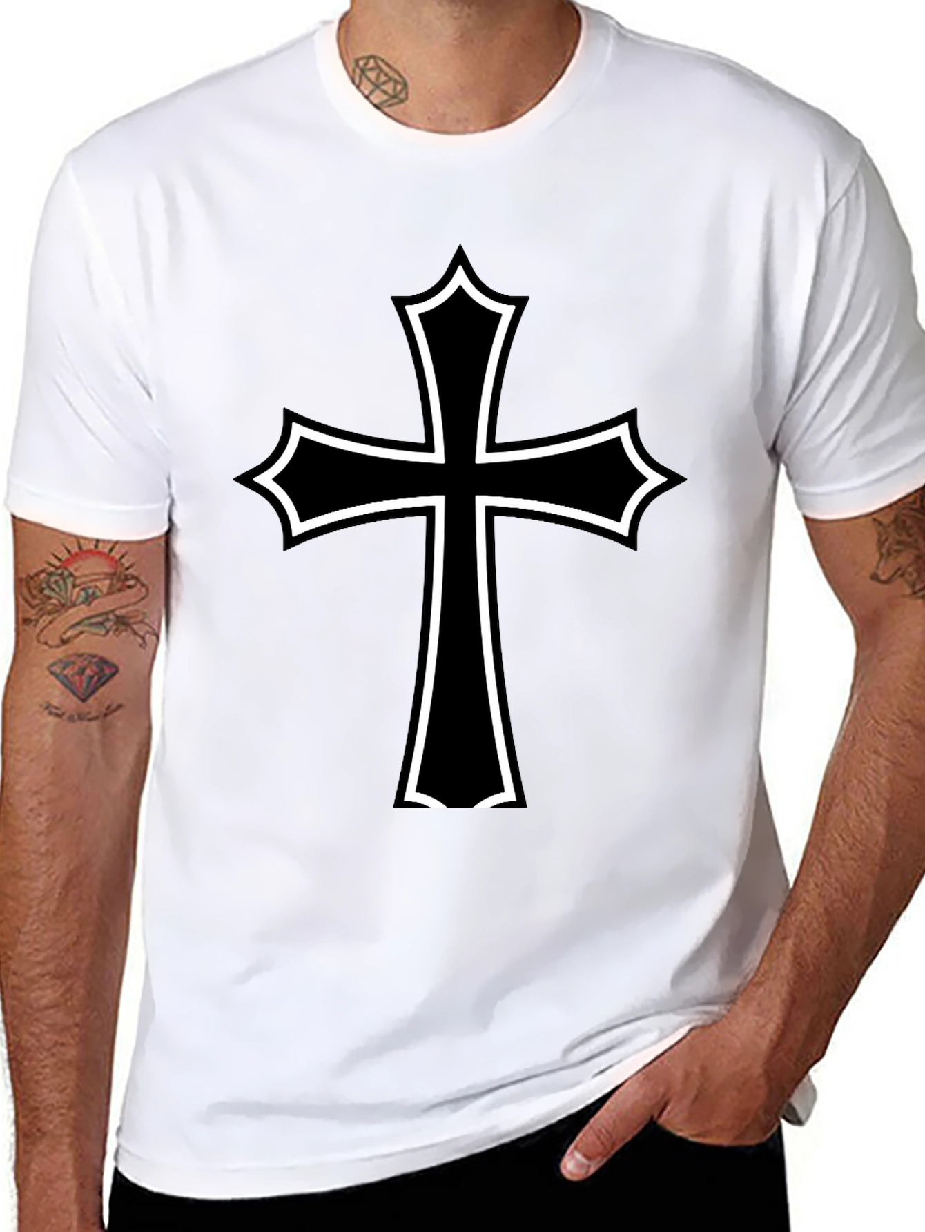 Black T-Shirt with White Outlined Cross