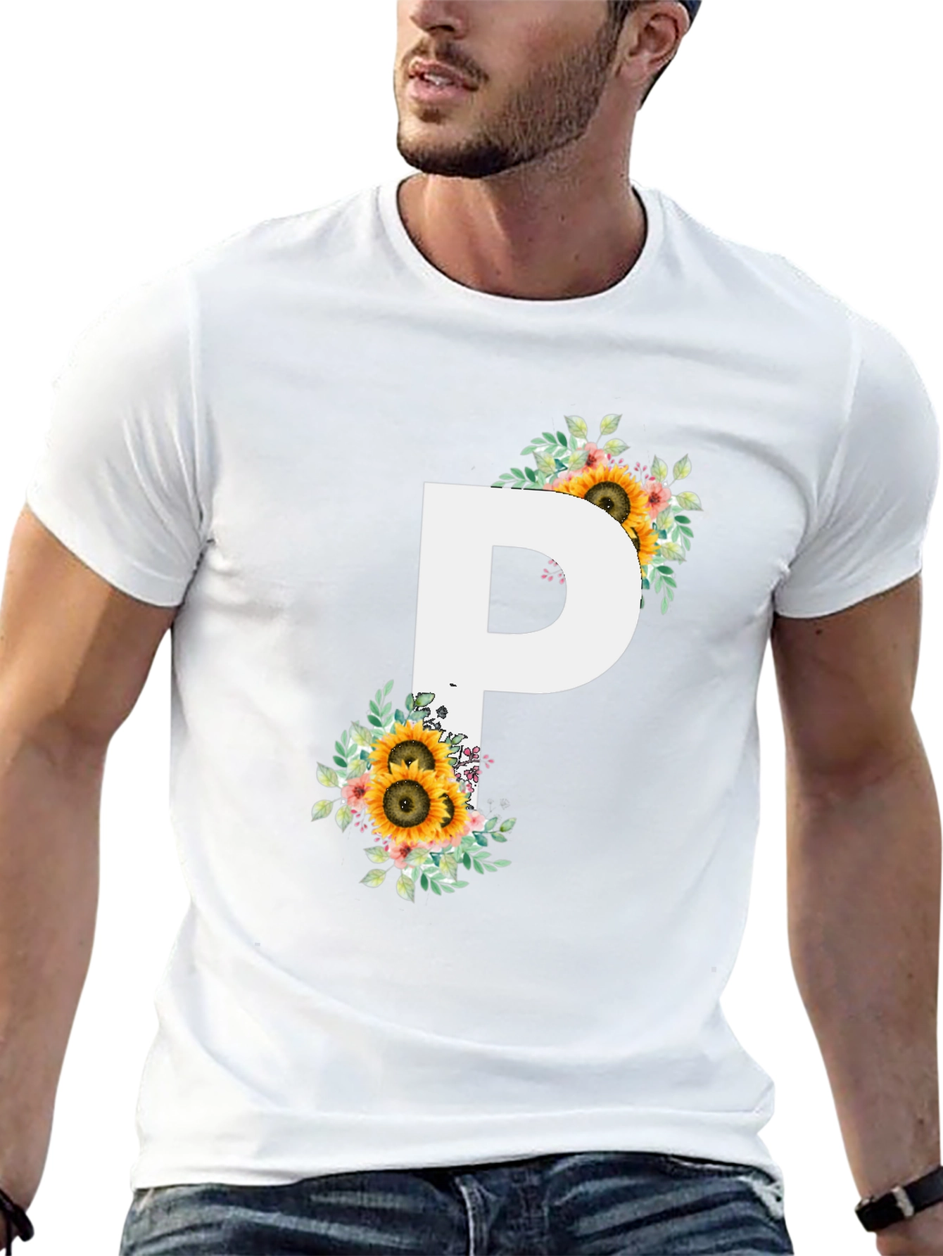 Floral Letter P Black T-Shirt