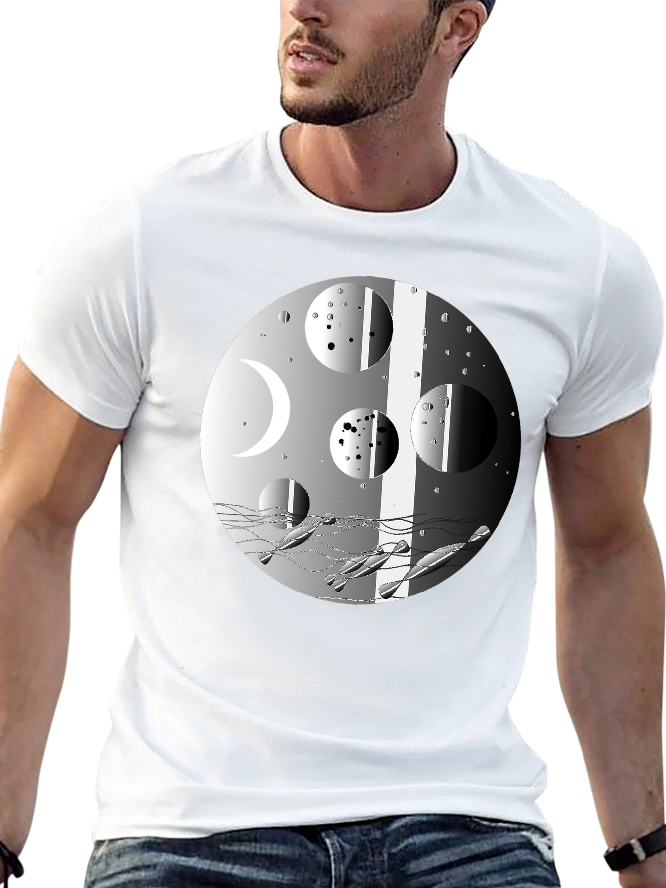 Abstract Moon Phases Graphic Black T-Shirt