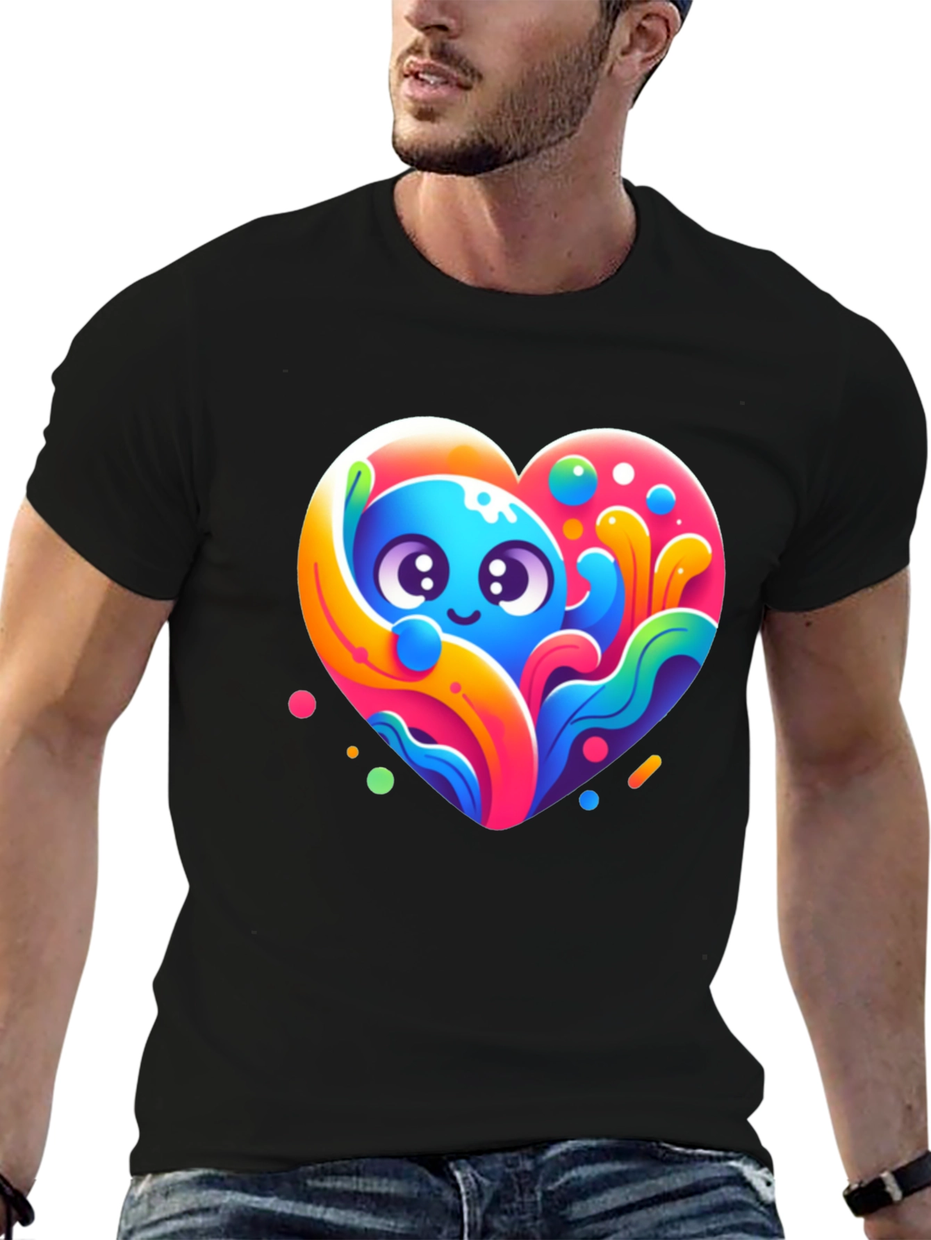 Cute Cartoon Heart Graphic Black T-Shirt