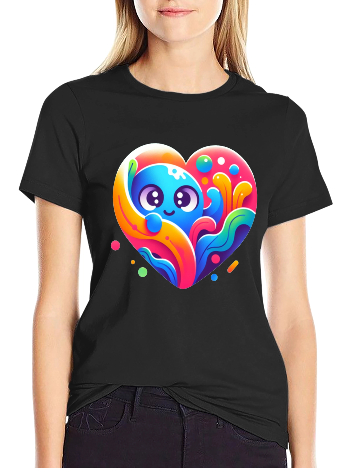 Cute Cartoon Heart Graphic Black T-Shirt