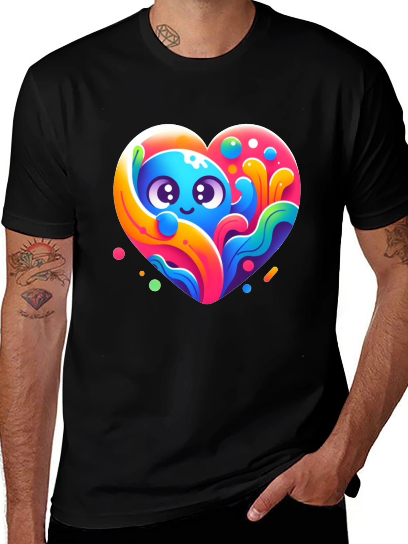 Cute Cartoon Heart Graphic Black T-Shirt