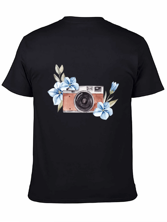 Floral Camera Graphic Tee - Stylish Black T-Shirt