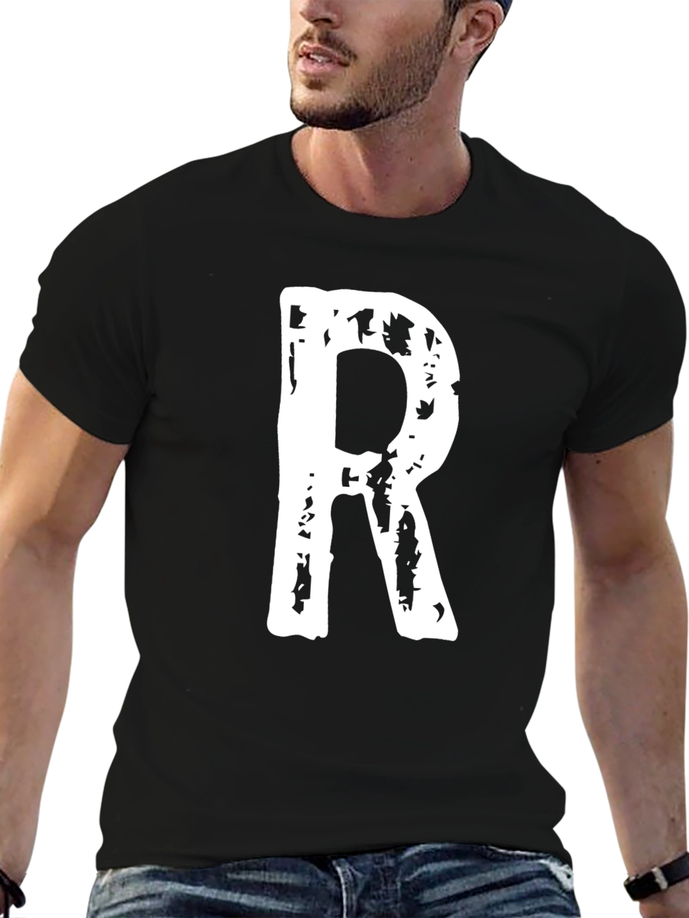 Black T-Shirt with White Letter R Print