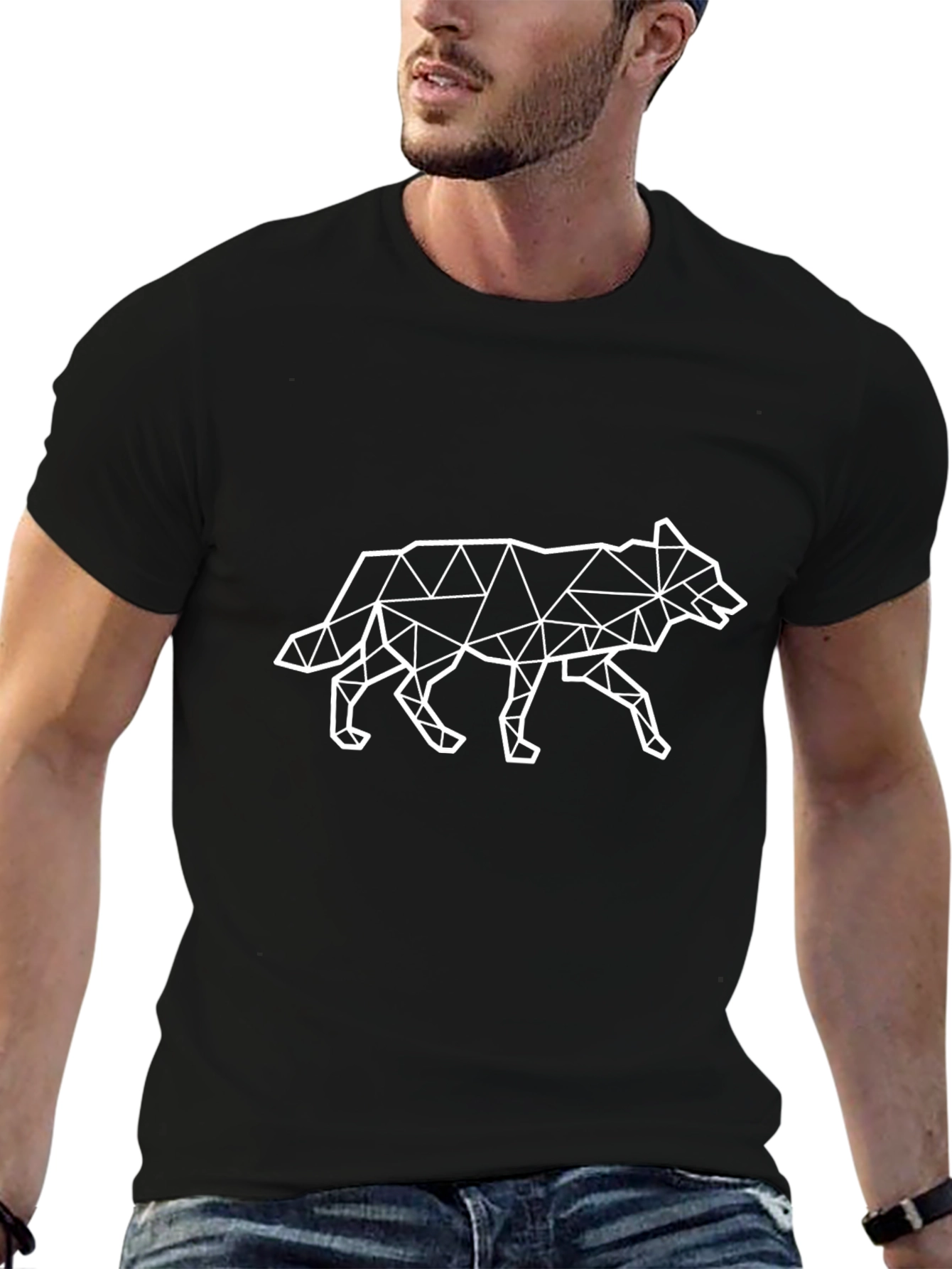Geometric Wolf Graphic T-Shirt - Black