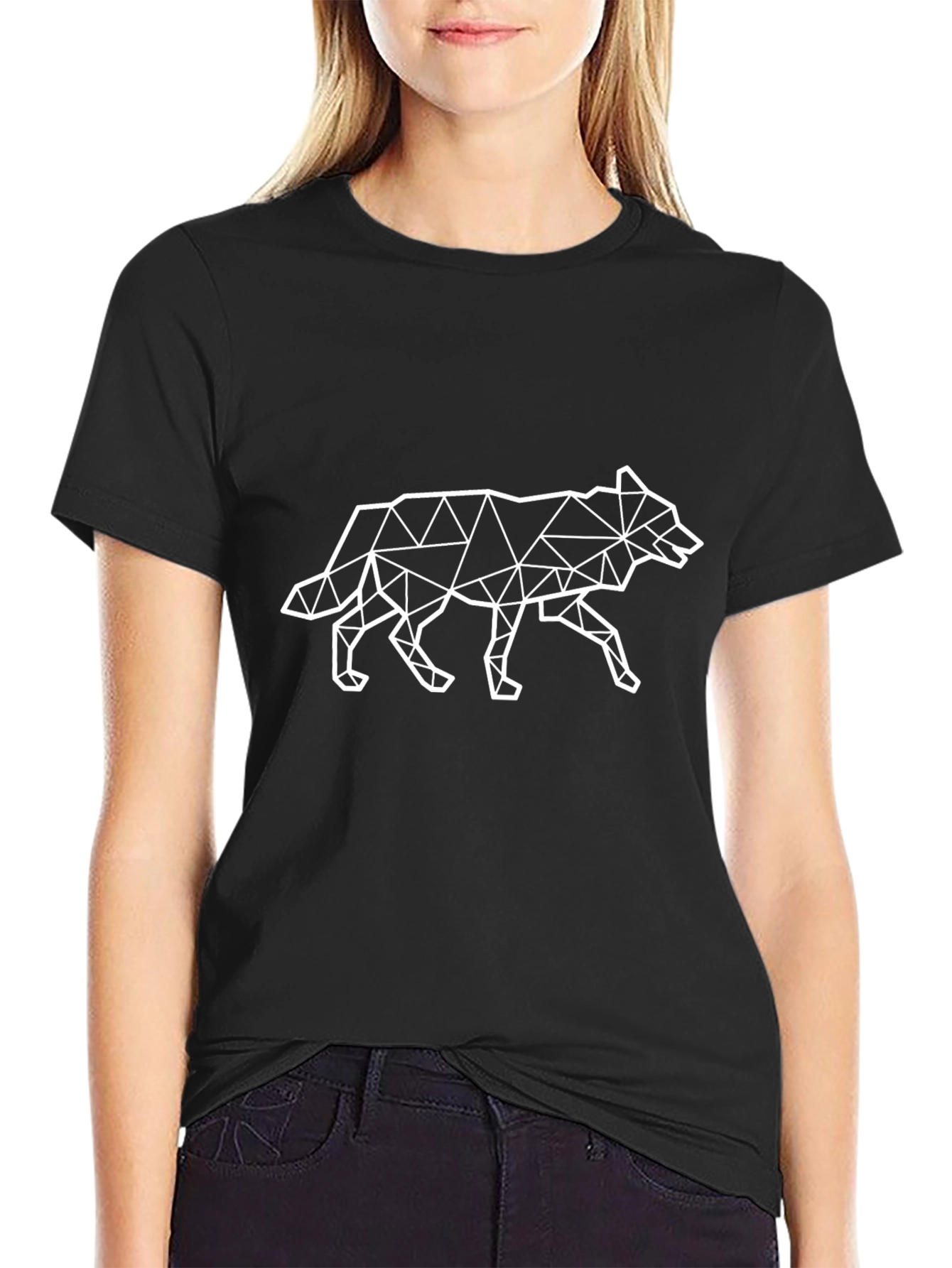 Geometric Wolf Graphic T-Shirt - Black