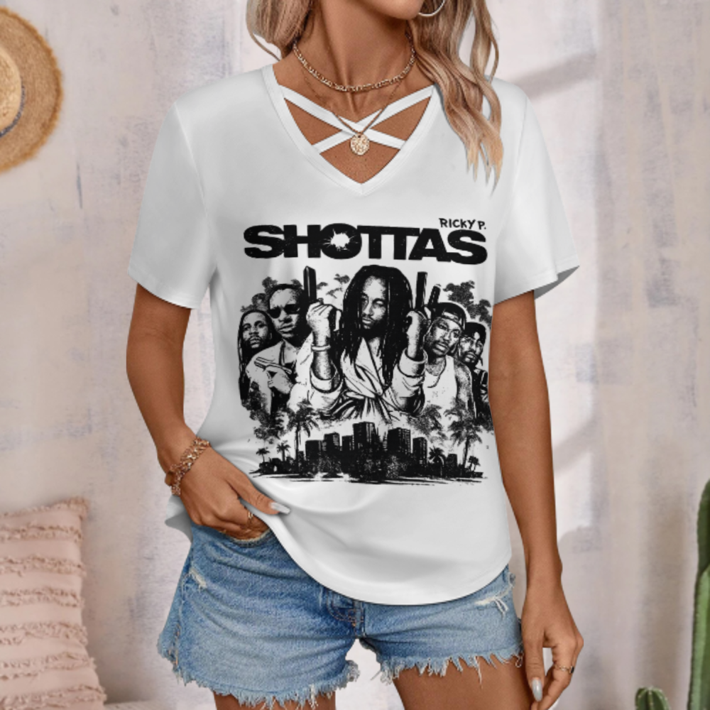 Ricky P. SHOTTAS Graphic V-Neck T-Shirt – Urban Streetwear Oversized Music Inspired Tee for Women(z221)