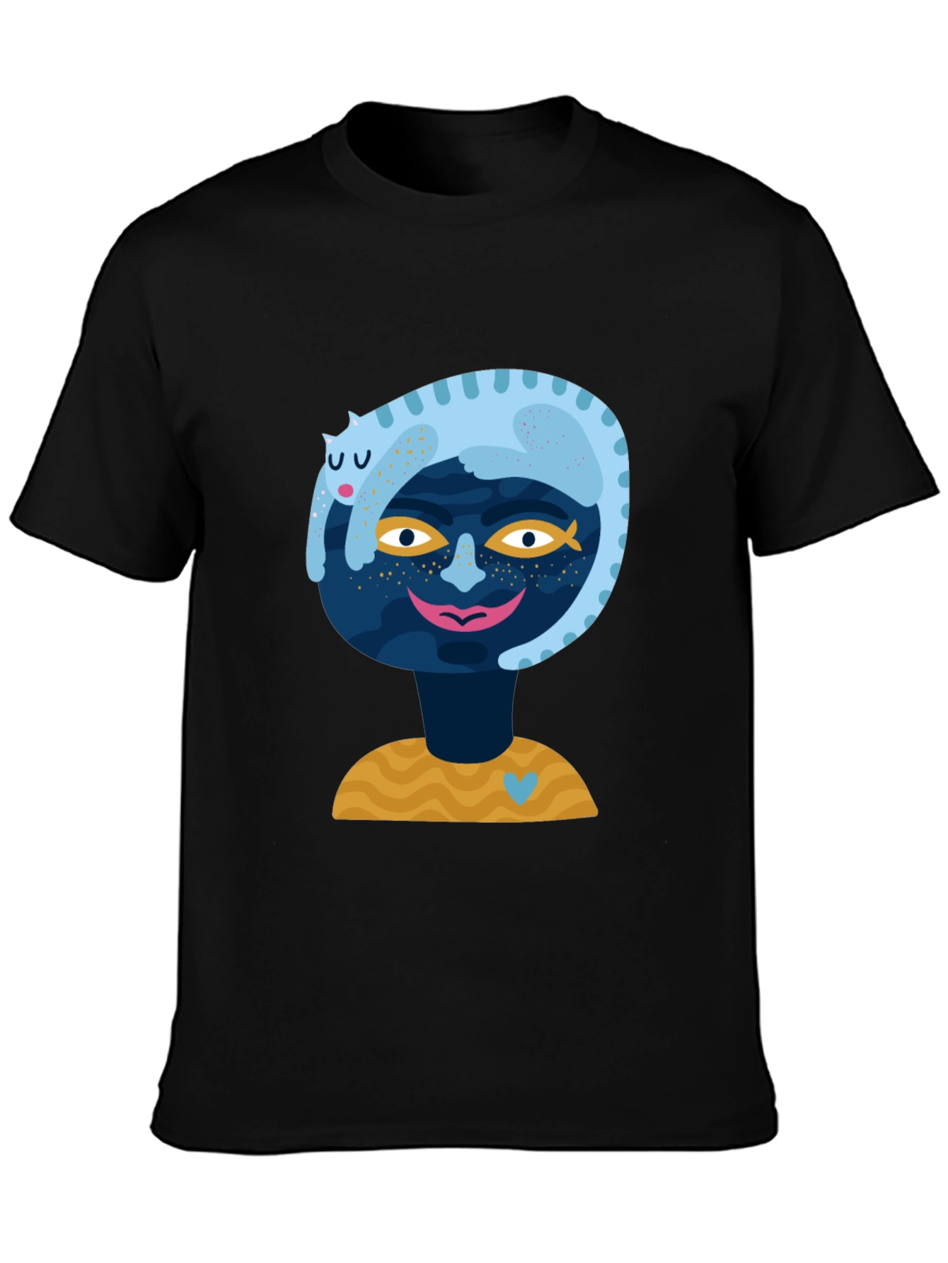 Abstract Cat & Face Graphic Tee - Black