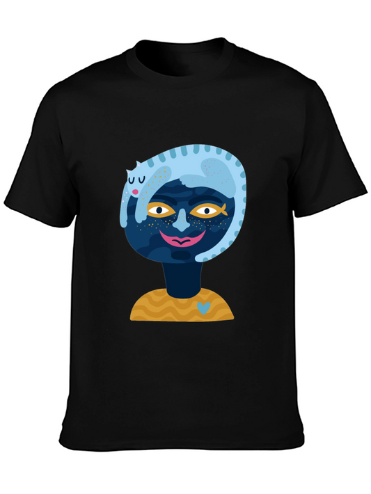 Abstract Cat & Face Graphic Tee - Black