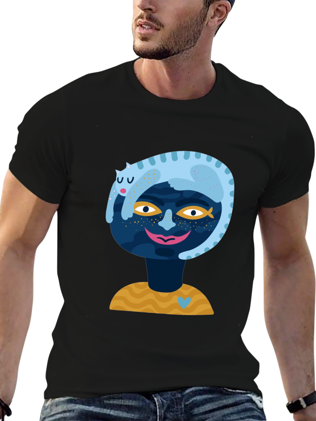 Abstract Cat & Face Graphic Tee - Black