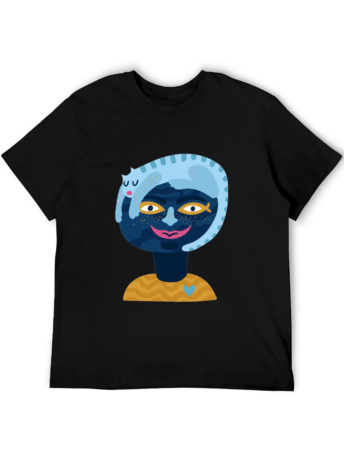 Abstract Cat & Face Graphic Tee - Black