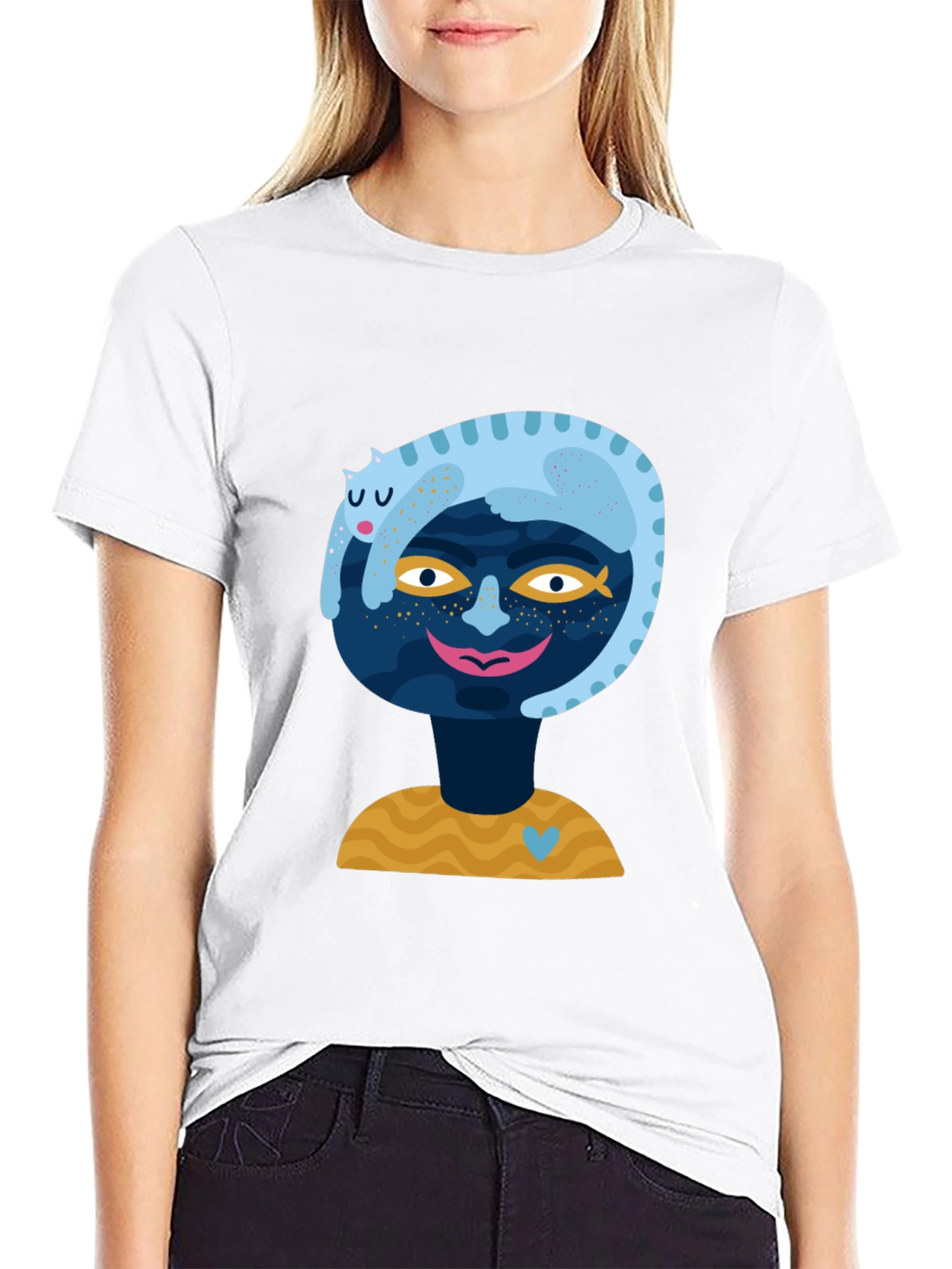 Abstract Cat & Face Graphic Tee - Black