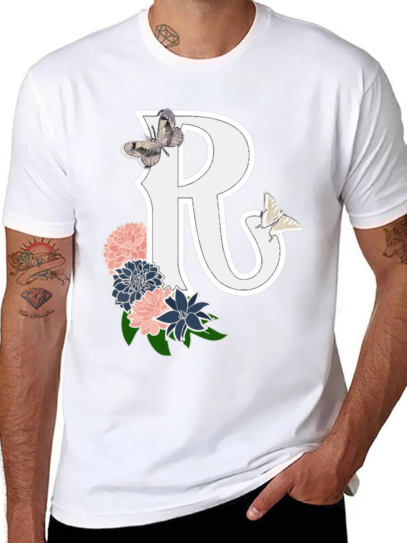 Floral Letter R Tee - Butterfly Accent
