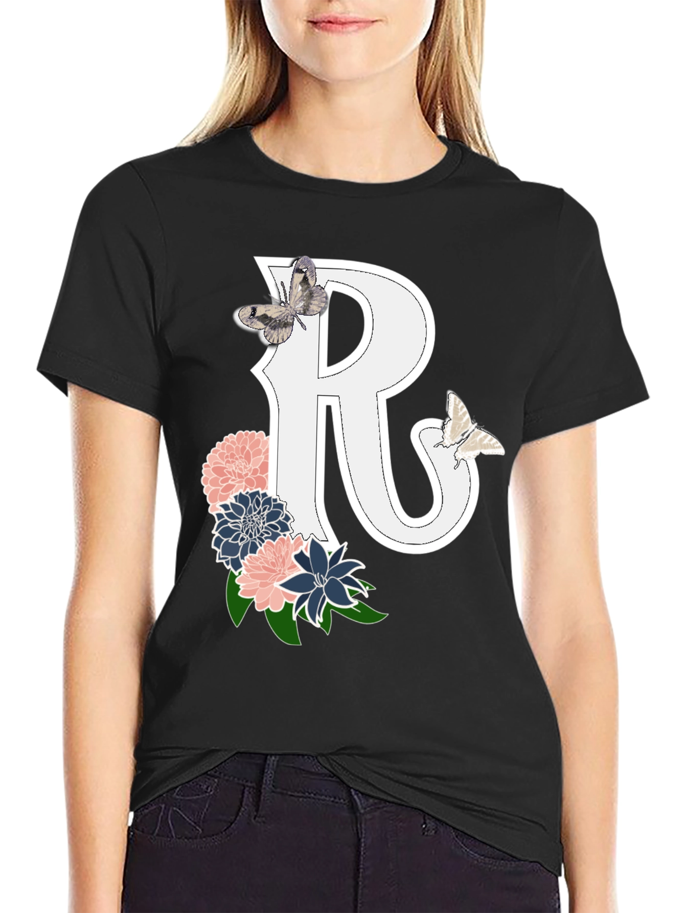 Floral Letter R Tee - Butterfly Accent