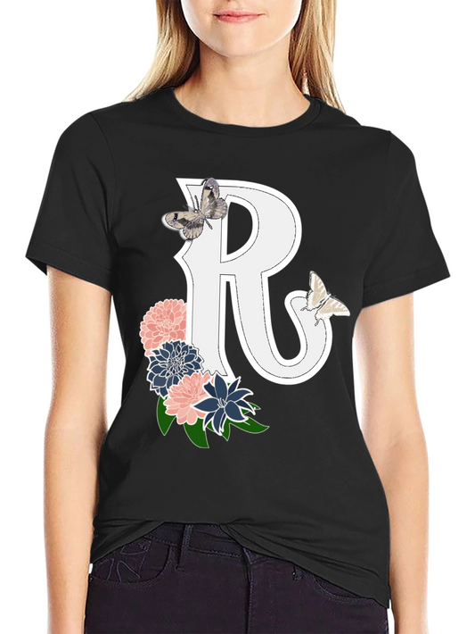 Floral Letter R Tee - Butterfly Accent