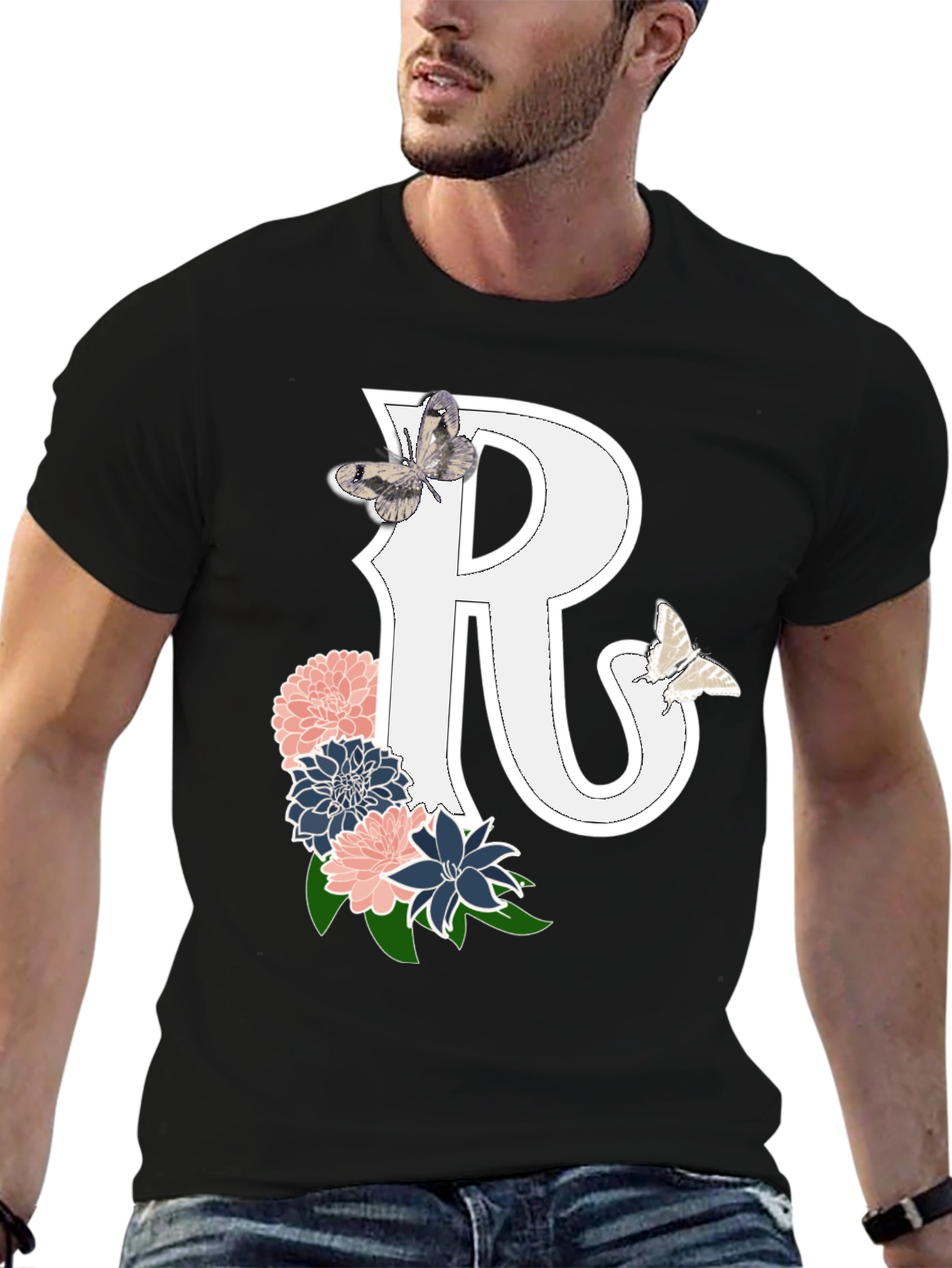 Floral Letter R Tee - Butterfly Accent
