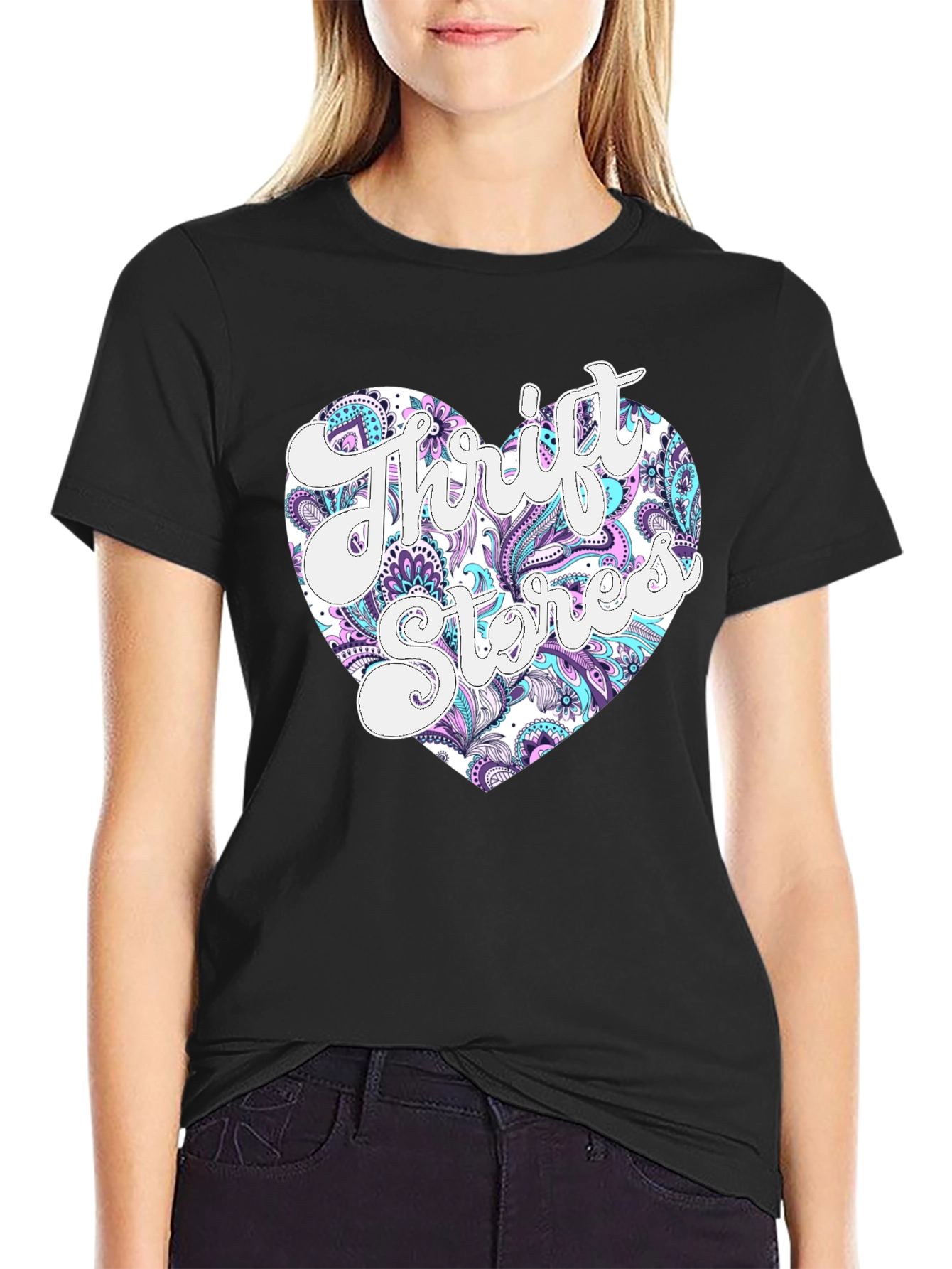 Thrift Stores Heart Graphic T-Shirt - Black